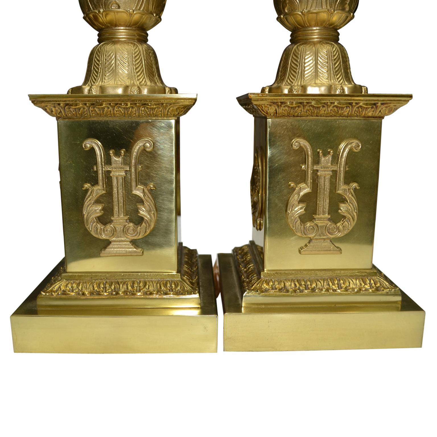 20th Century Pair of French Empire Style Gilded Metal Column Lamps