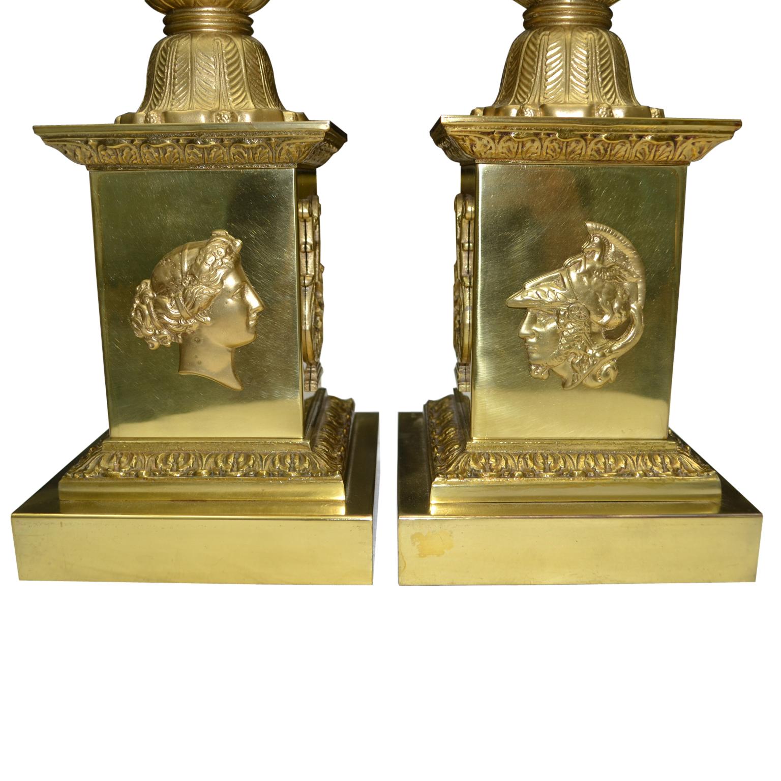 Pair of French Empire Style Gilded Metal Column Lamps 1
