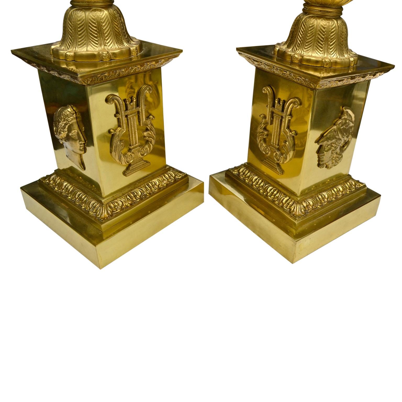Pair of French Empire Style Gilded Metal Column Lamps 2