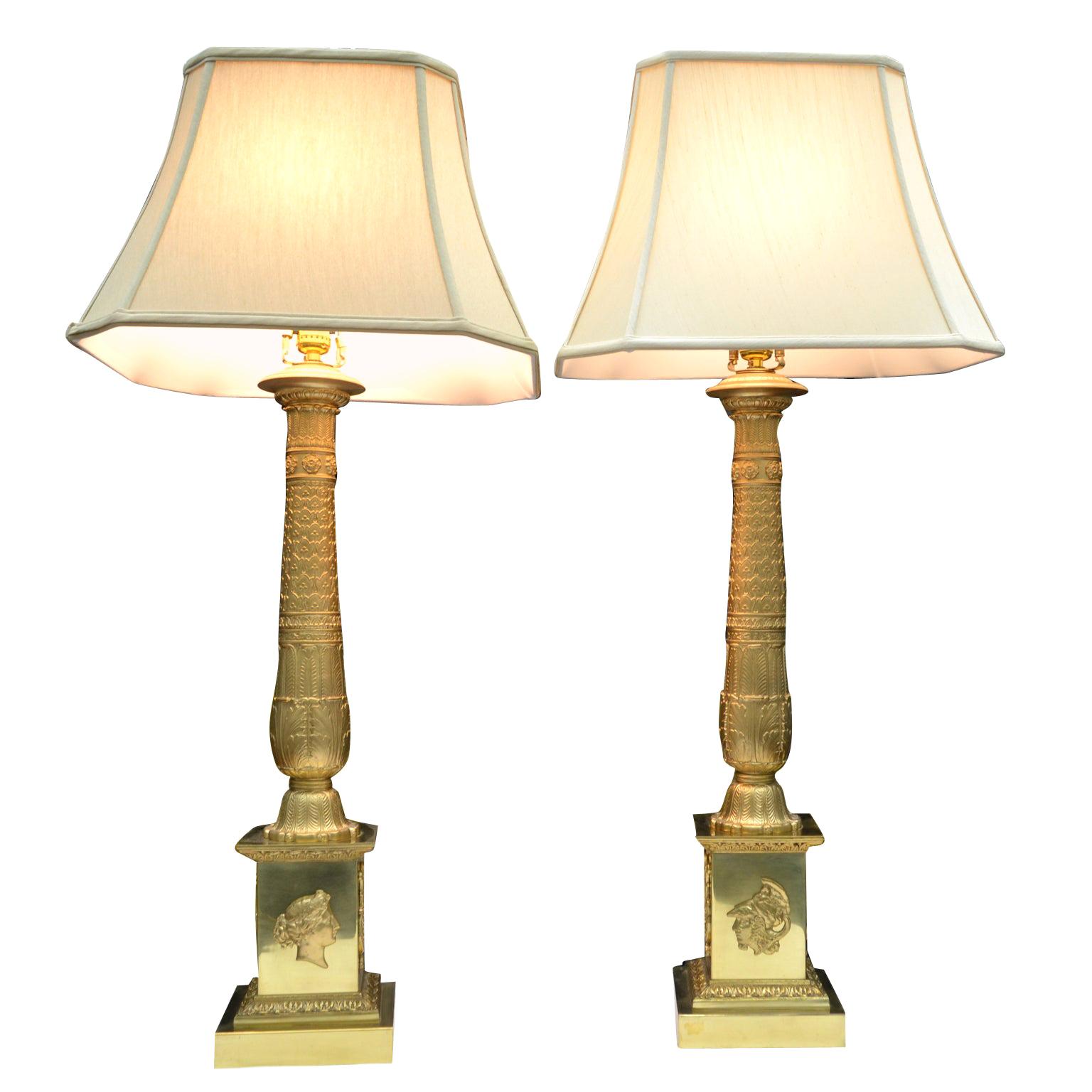 Pair of French Empire Style Gilded Metal Column Lamps