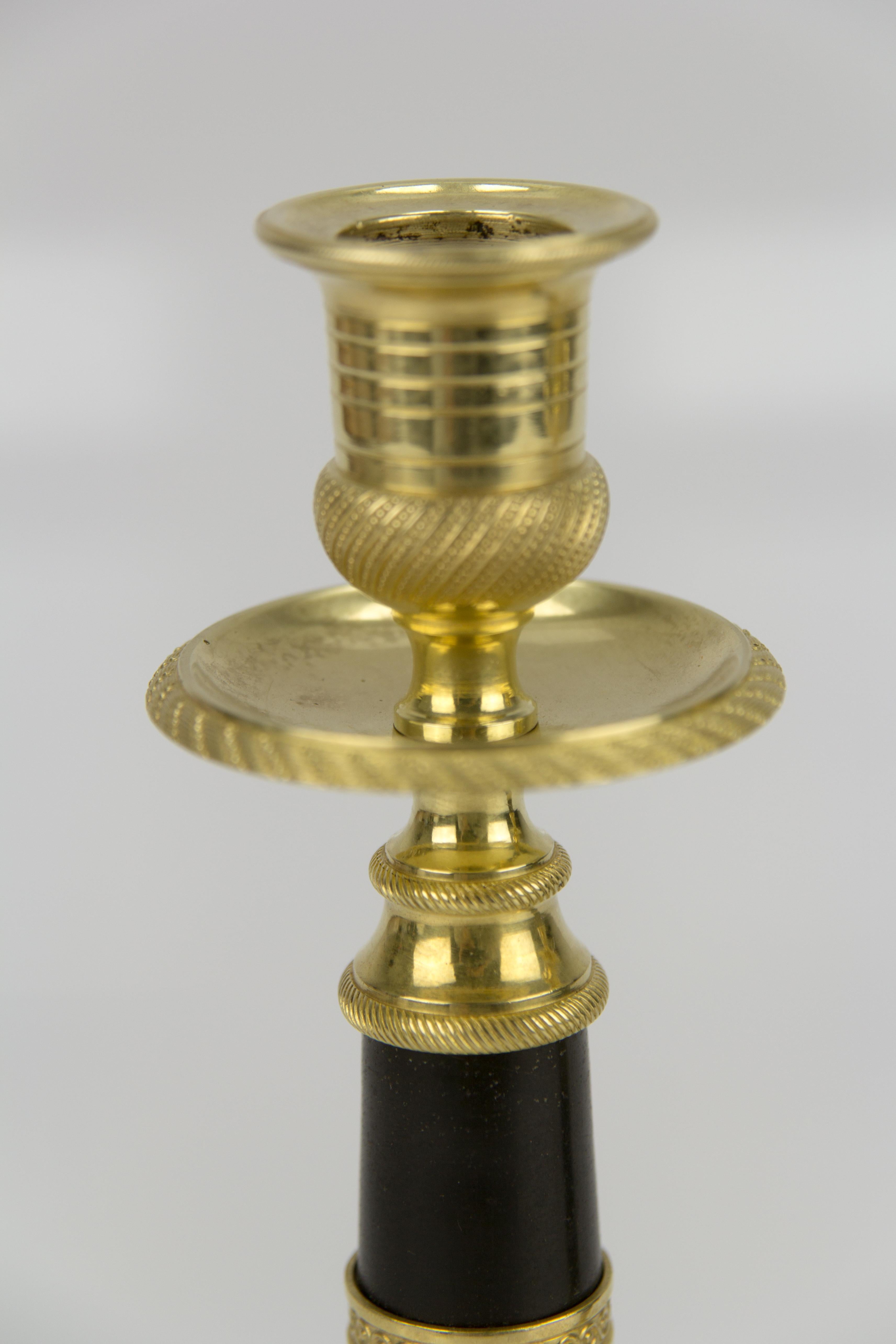 Pair of French Empire Style Gilt Bronze and Patinated Brass Candlesticks For Sale 4