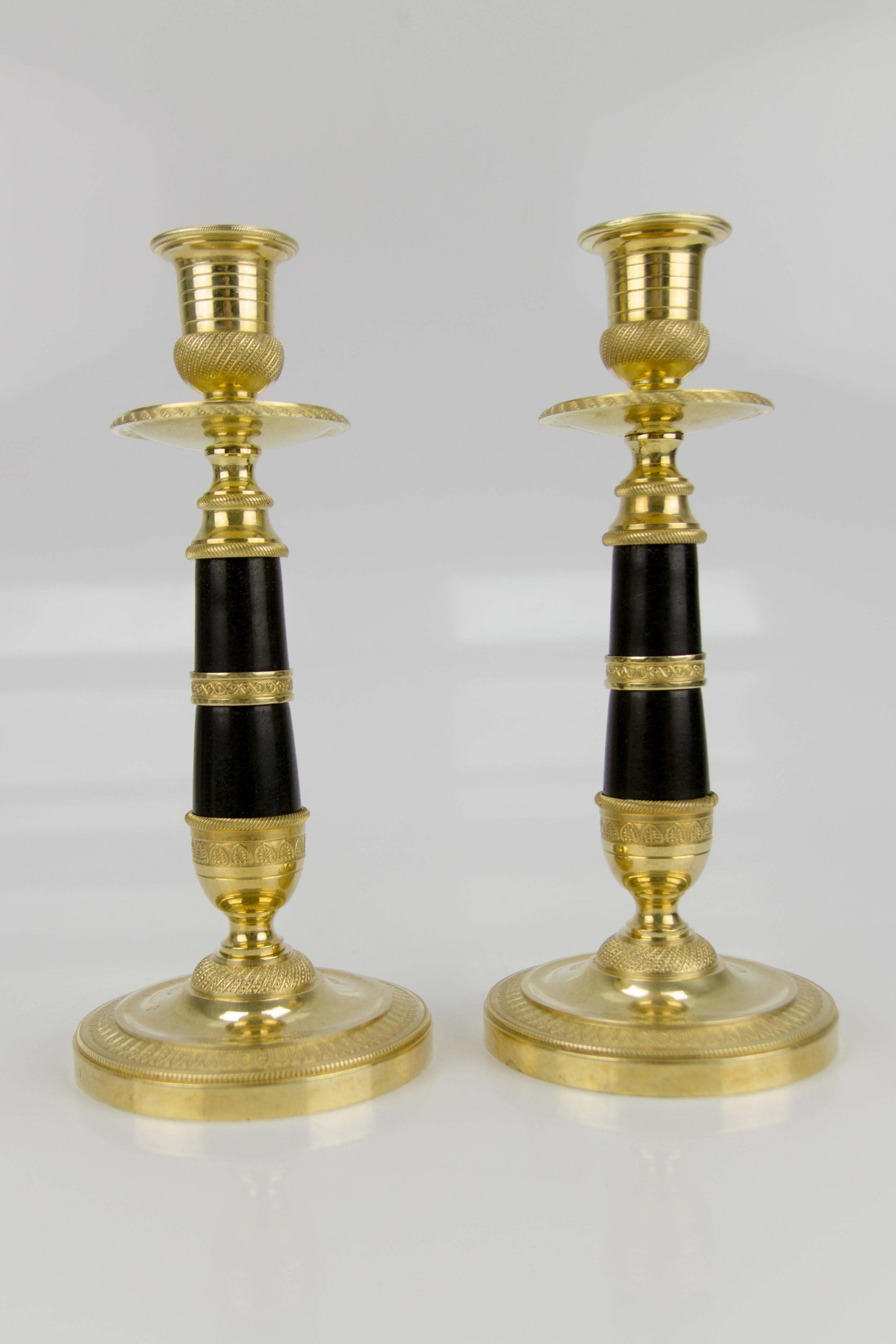 Pair of French Empire Style Gilt Bronze and Patinated Brass Candlesticks For Sale 5