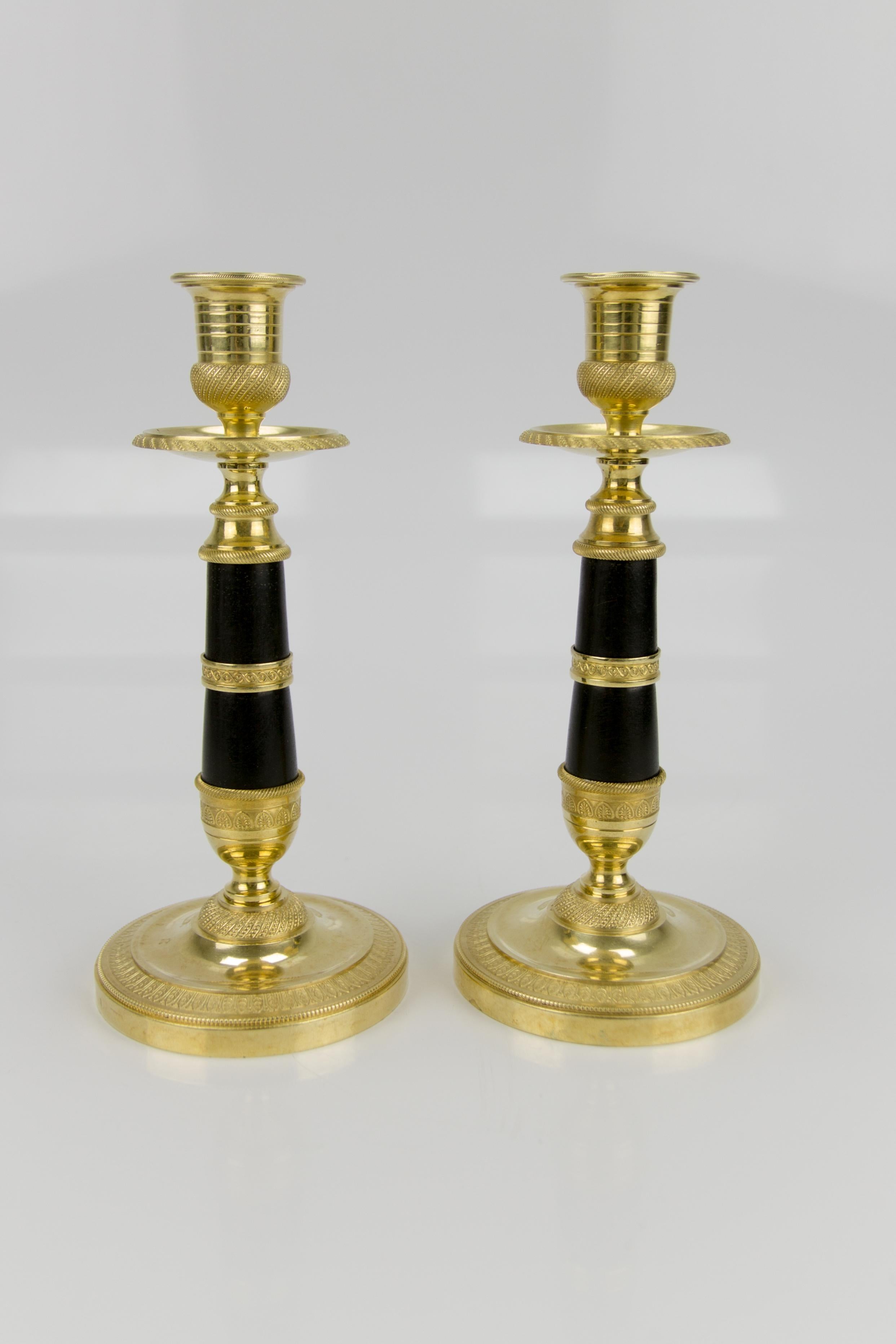 Pair of French Empire Style Gilt Bronze and Patinated Brass Candlesticks For Sale 6