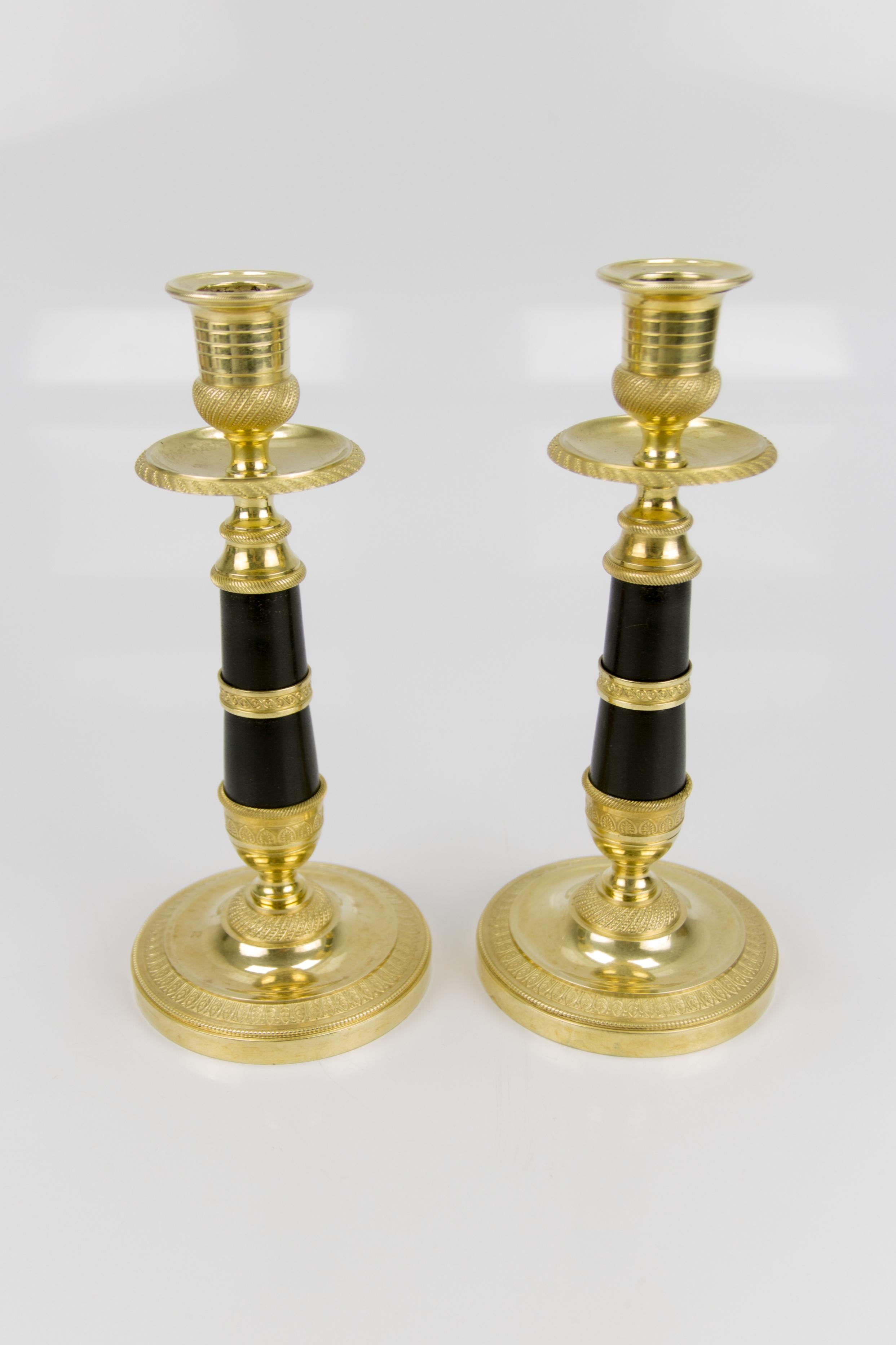 Pair of French Empire Style Gilt Bronze and Patinated Brass Candlesticks For Sale 7