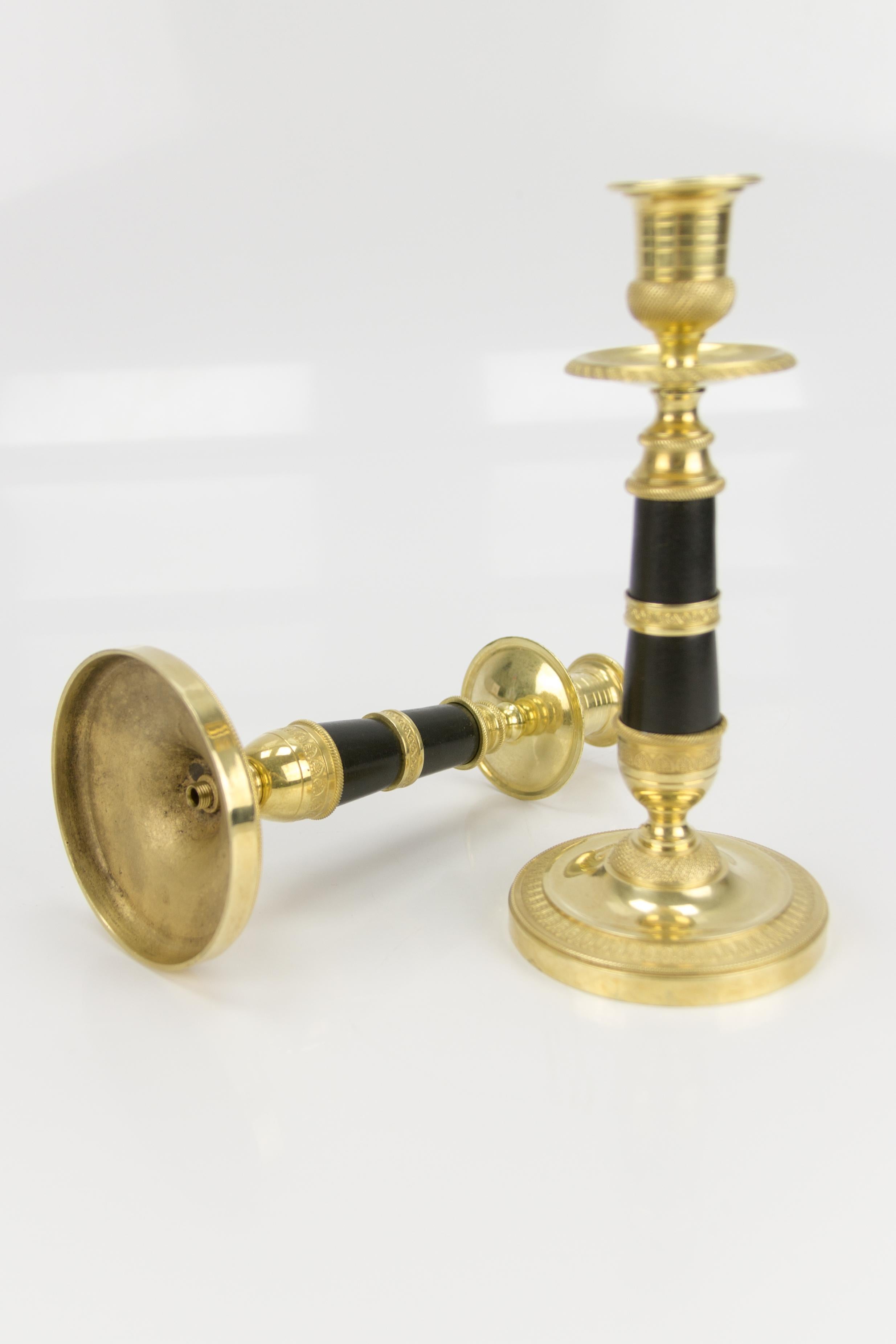 Pair of French Empire Style Gilt Bronze and Patinated Brass Candlesticks For Sale 8