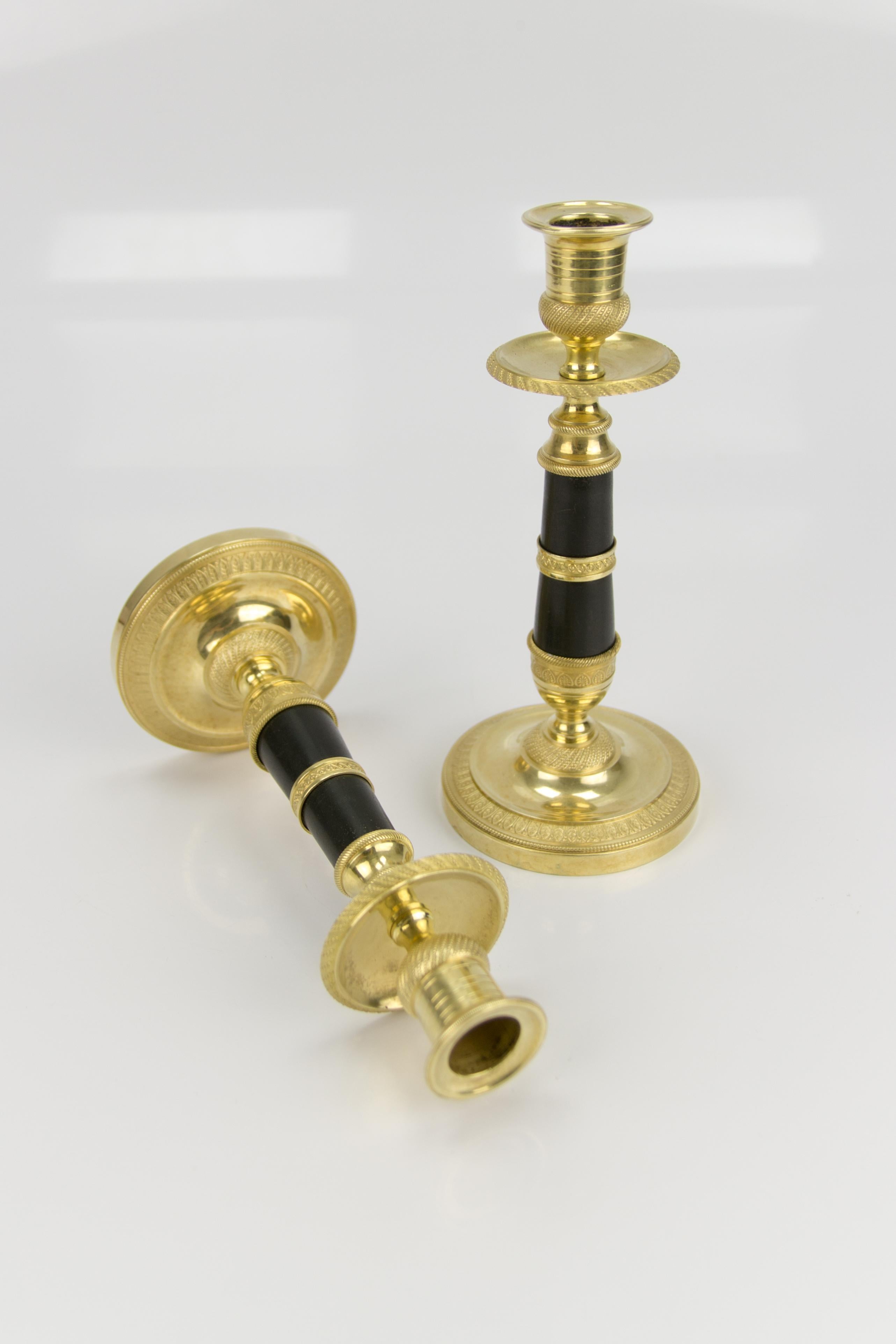 Pair of French Empire Style Gilt Bronze and Patinated Brass Candlesticks For Sale 9