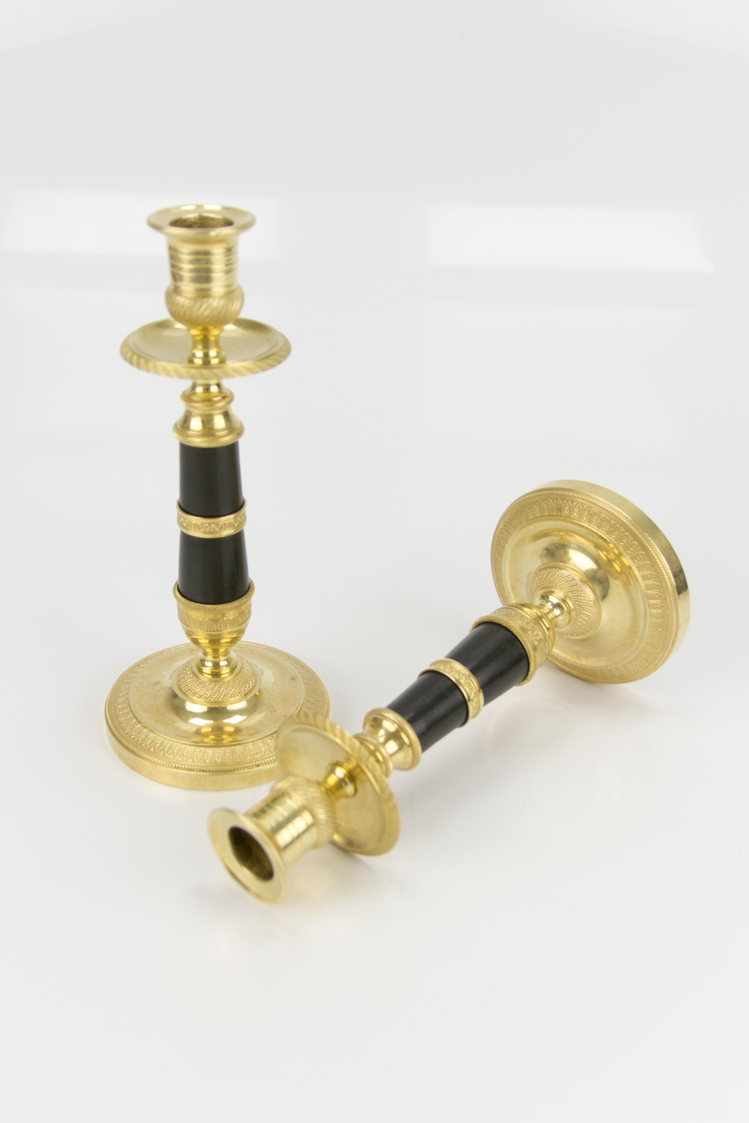 Pair of French Empire Style Gilt Bronze and Patinated Brass Candlesticks For Sale 10
