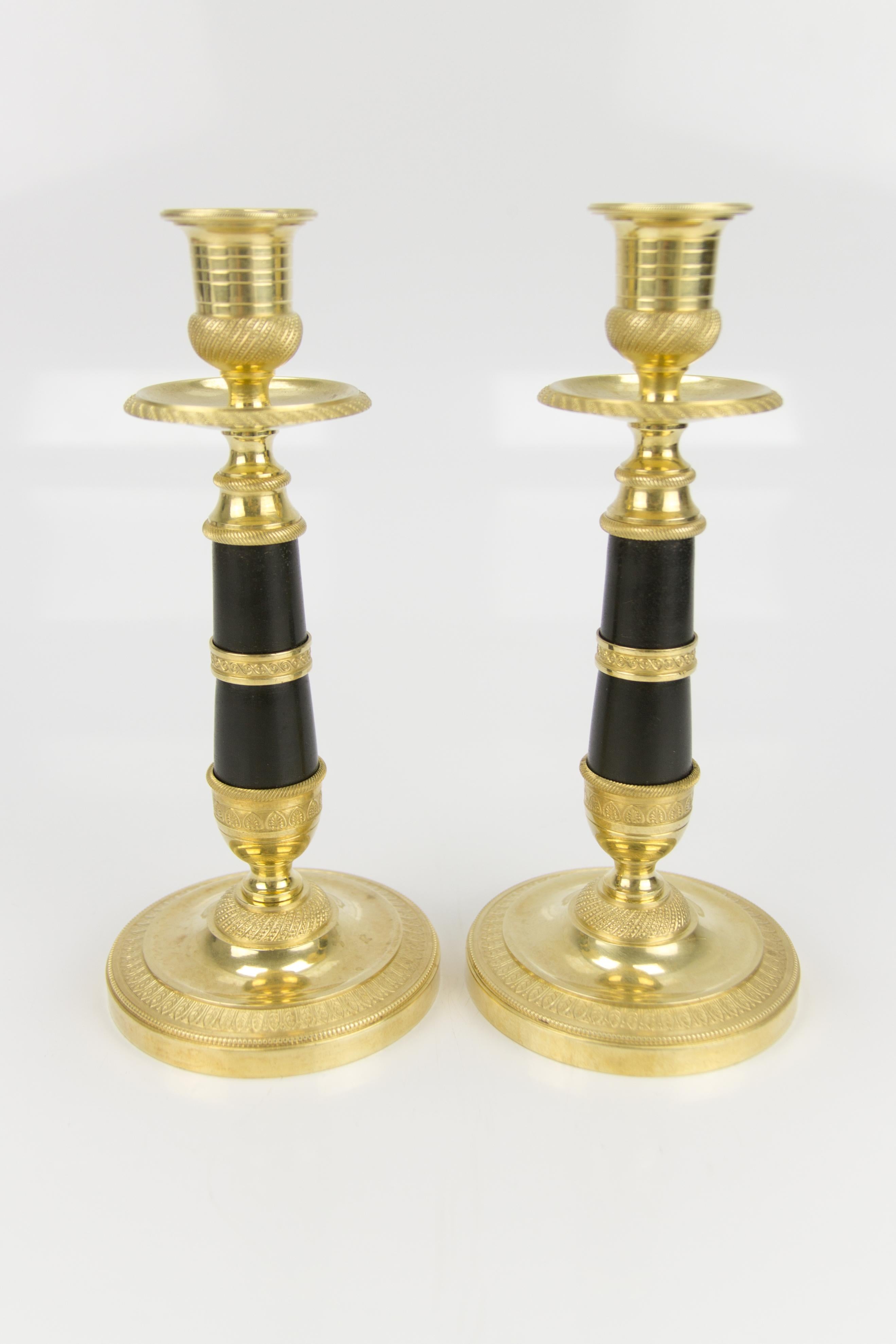 Pair of French Empire Style Gilt Bronze and Patinated Brass Candlesticks For Sale 12