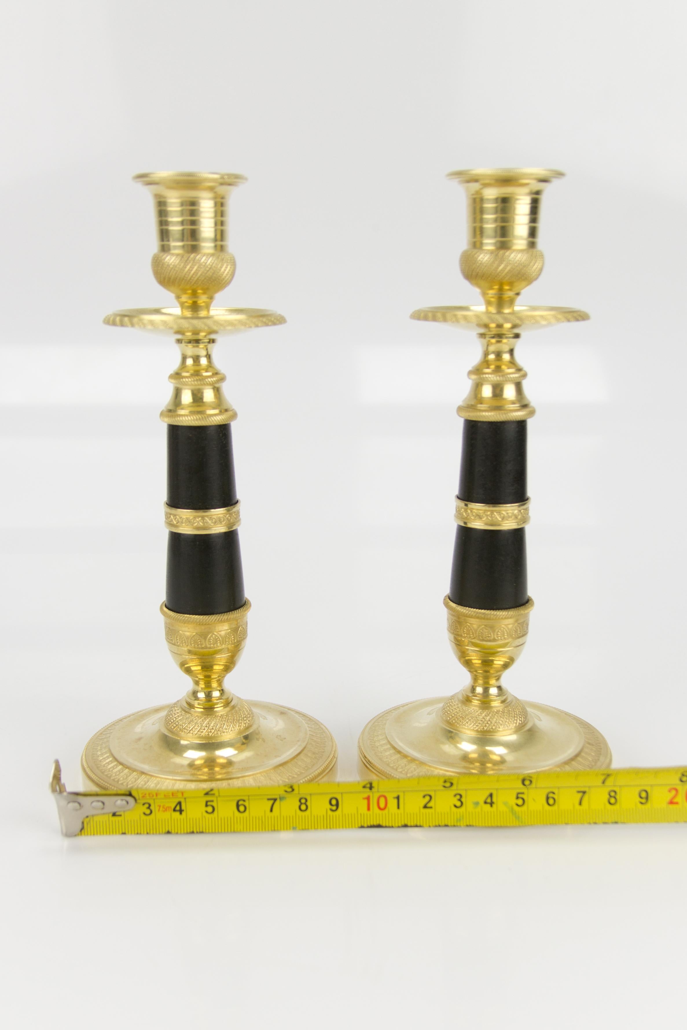 Pair of French Empire Style Gilt Bronze and Patinated Brass Candlesticks For Sale 13