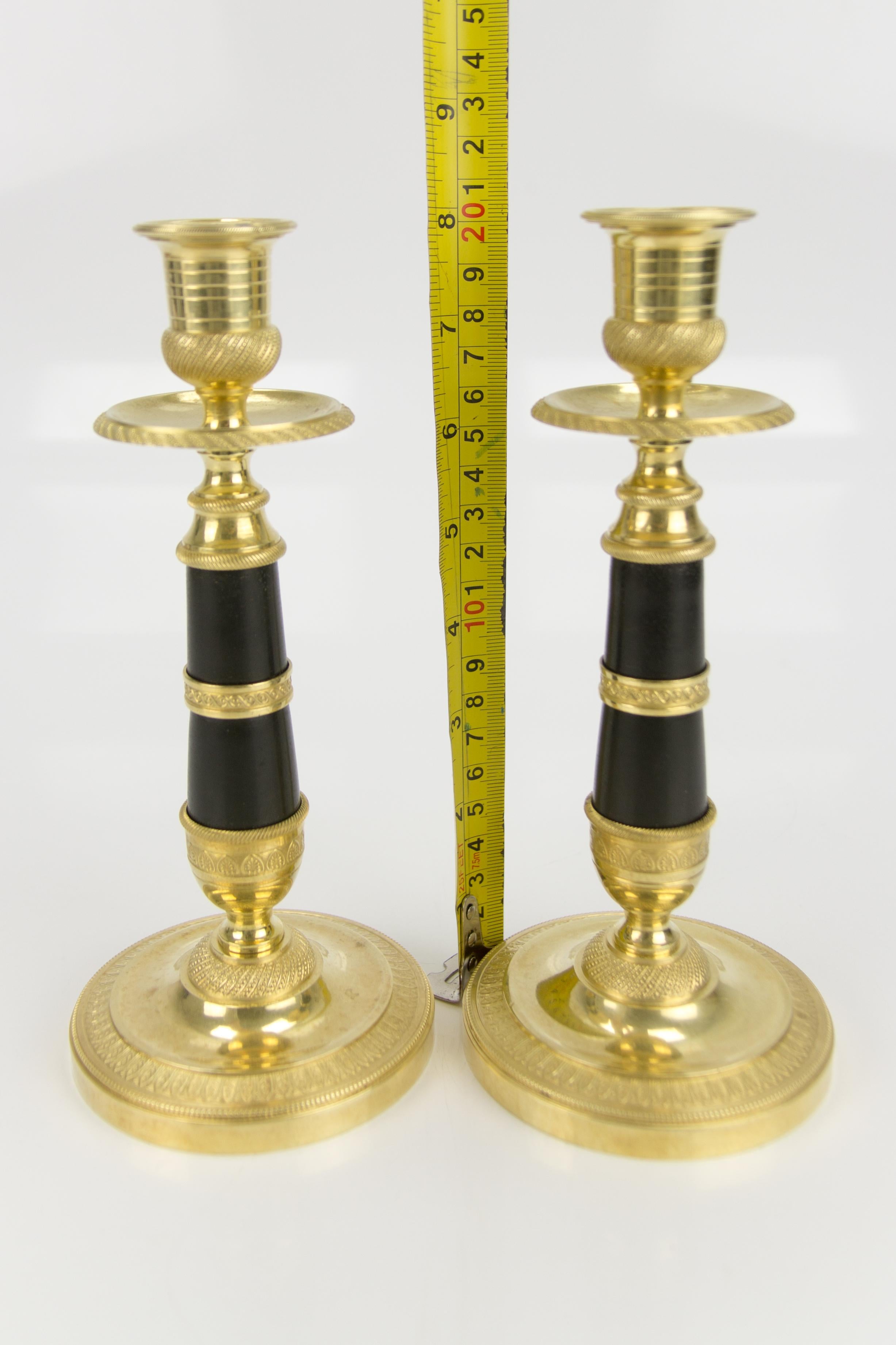Pair of French Empire Style Gilt Bronze and Patinated Brass Candlesticks For Sale 14