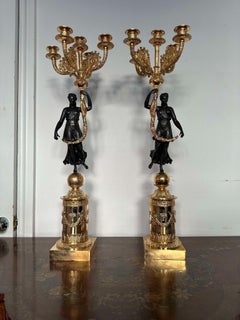 Pair of French Empire Style Gilt Bronze and Patinated Bronze Figural Candelabra