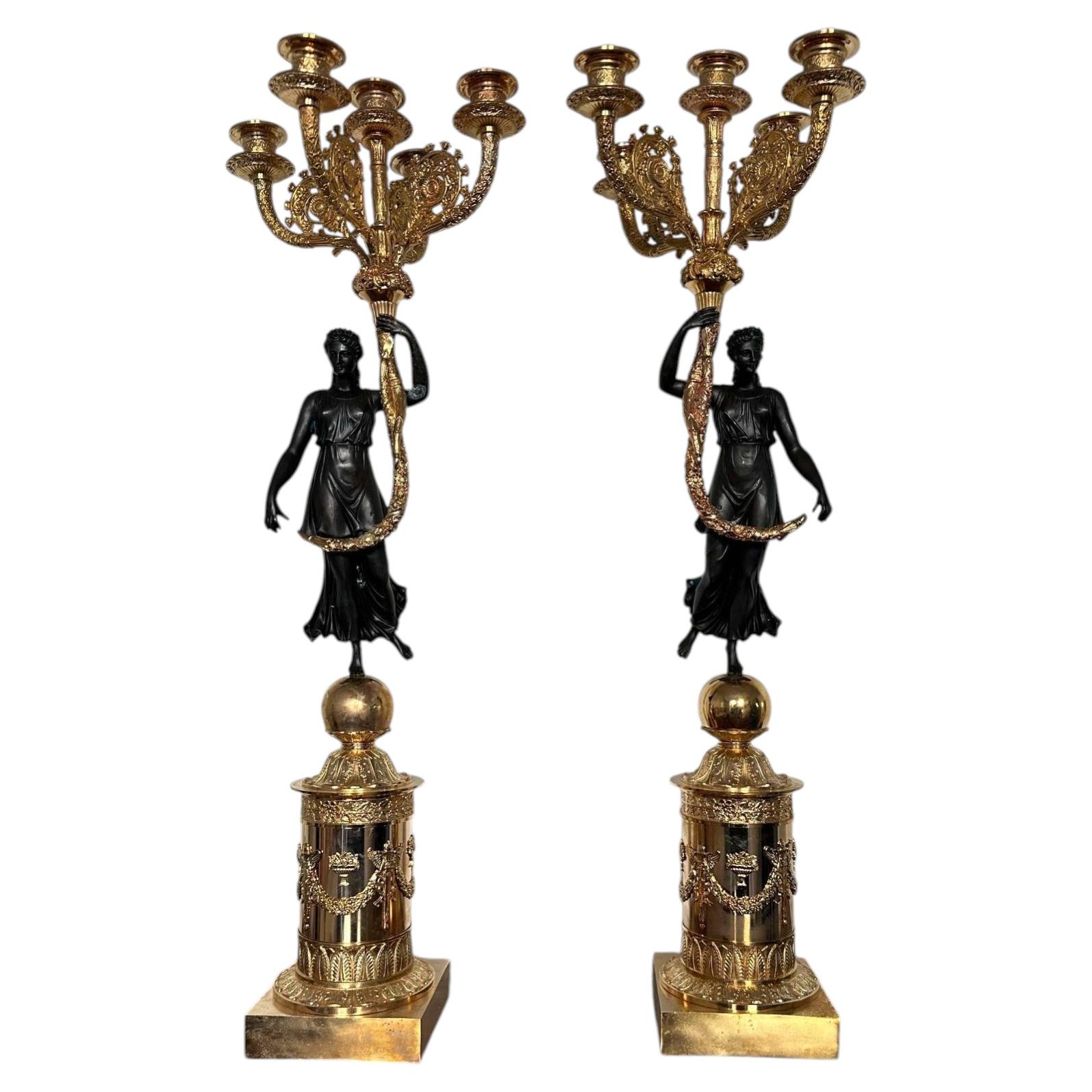 Pair of French Empire Style Gilt Bronze and Patinated Bronze Figural Candelabra