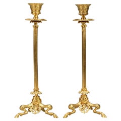 Antique Pair of French Empire Style Gilt Bronze Candlesticks on Hoofed Faun Feet