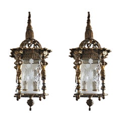 Pair of French Empire Style Gilt Bronze Cut Glass Two-Light Lanterns Chandeliers