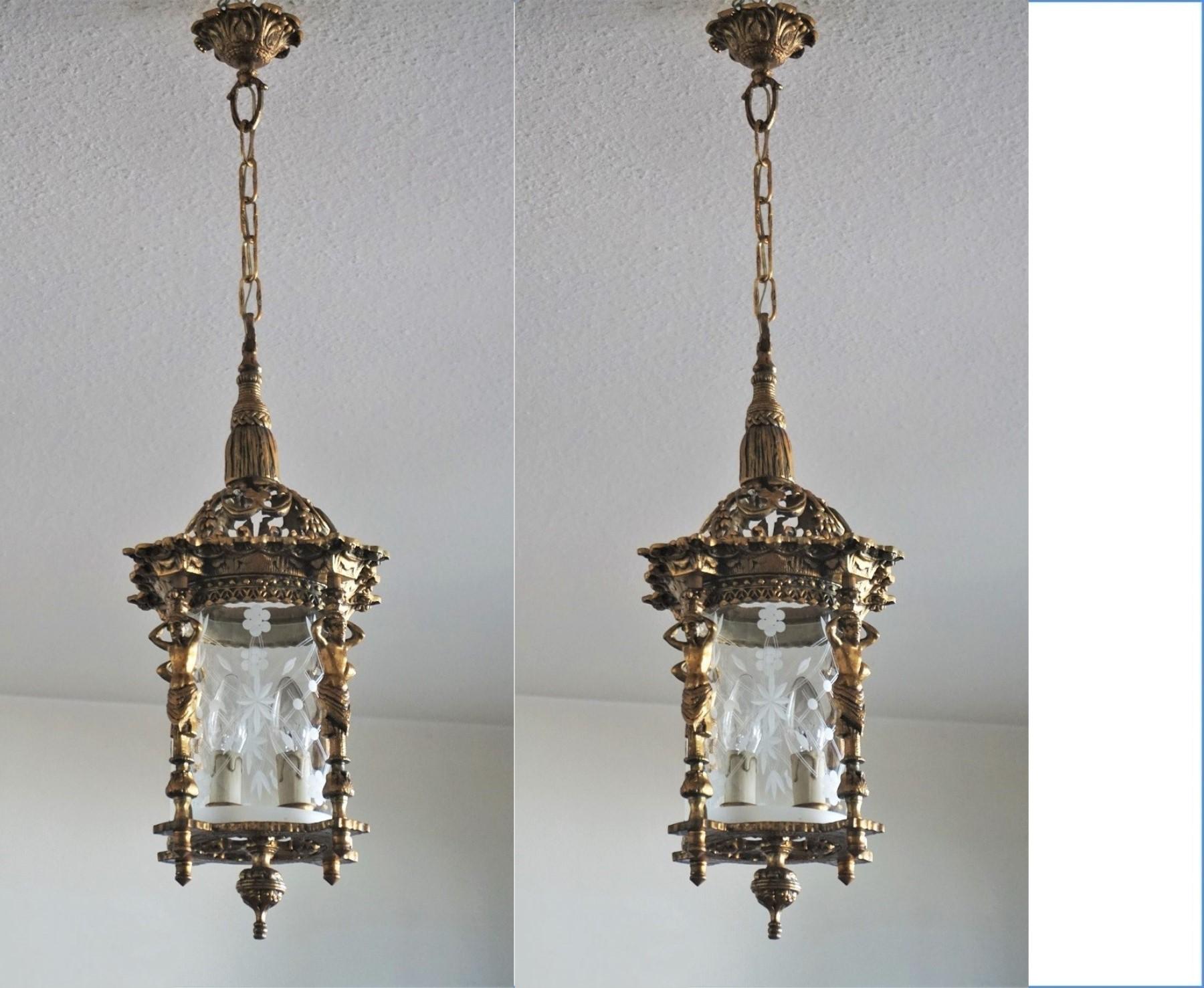 Cast Pair of French Empire Style Gilt Bronze Cut Glass Two-Light Lanterns Chandeliers