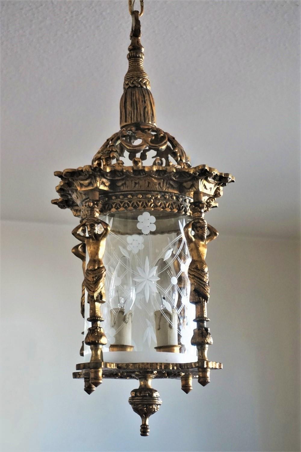 19th Century Pair of French Empire Style Gilt Bronze Cut Glass Two-Light Lanterns Chandeliers