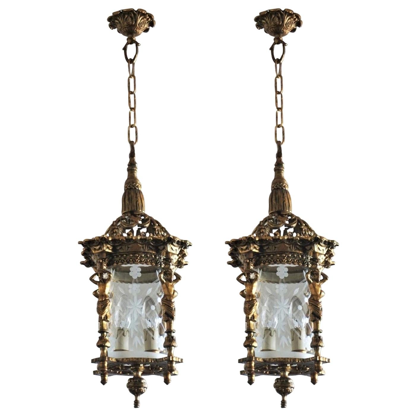 Pair of French Empire Style Gilt Bronze Cut Glass Two-Light Lanterns Chandeliers