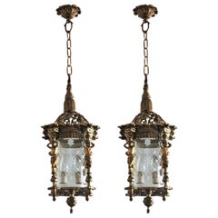 Pair of French Empire Style Gilt Bronze Cut Glass Two-Light Lanterns Chandeliers