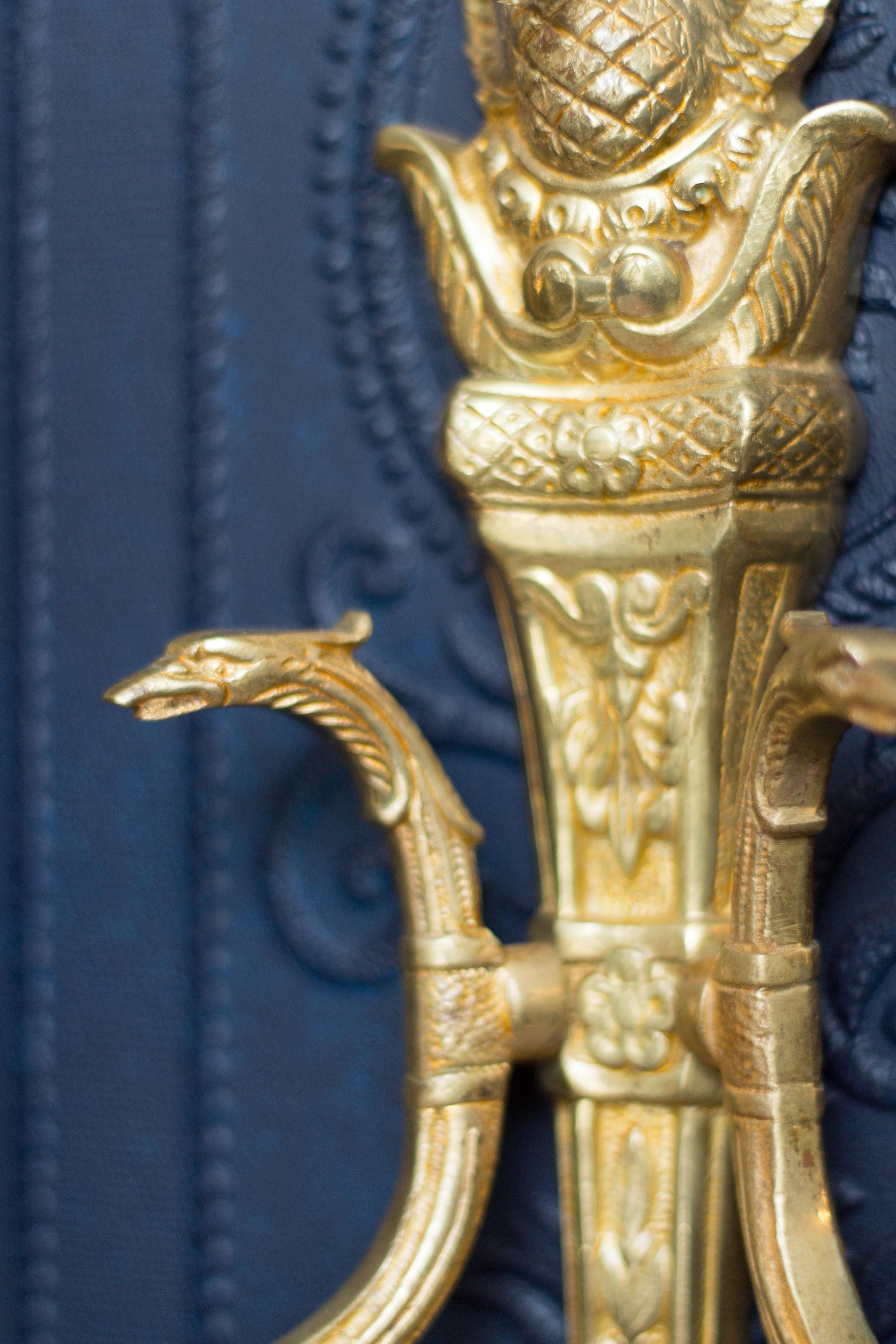 Pair of French Empire Style Gilt Bronze Two-Light Sconces 4