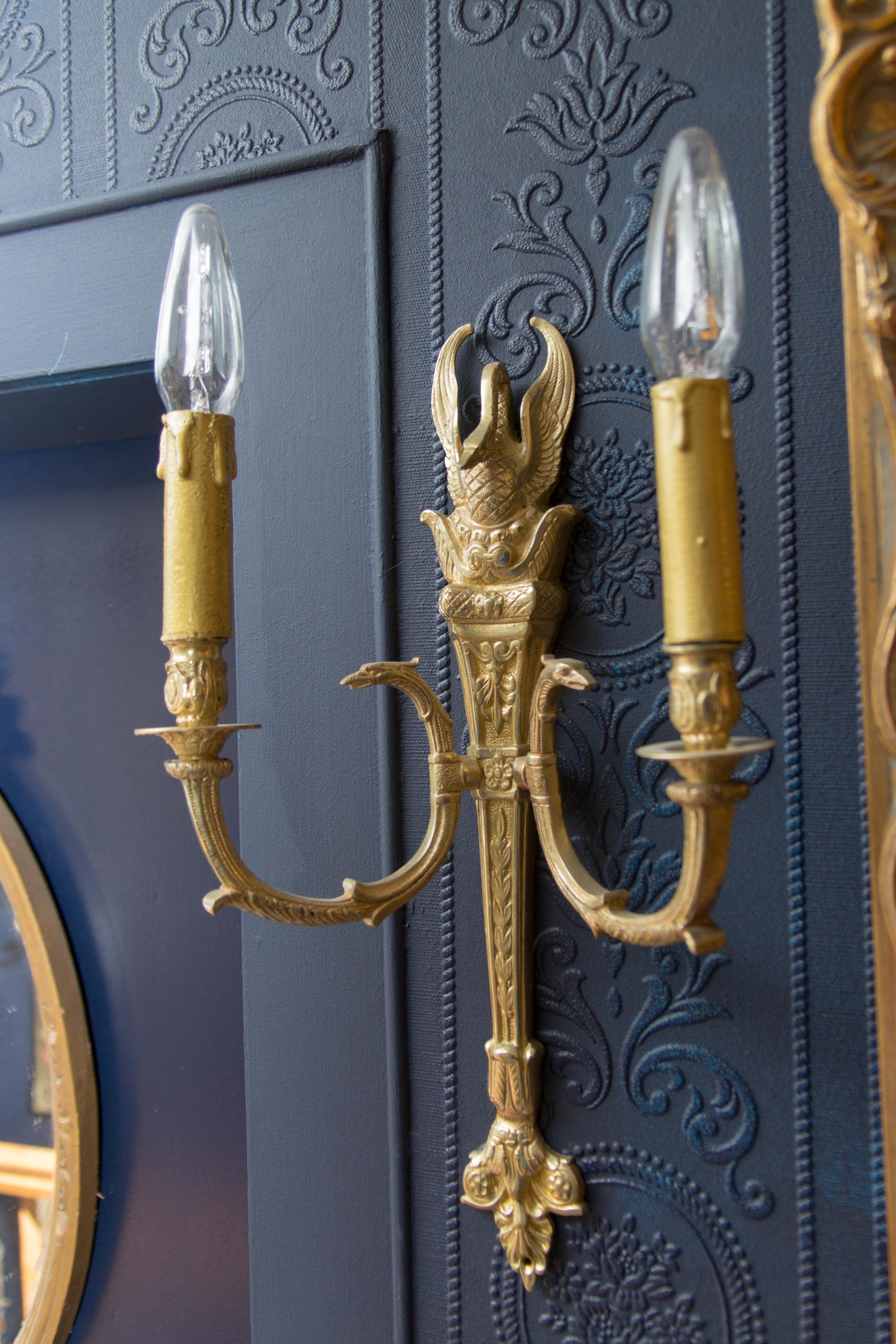 Pair of French Empire Style Gilt Bronze Two-Light Sconces In Good Condition In Barntrup, DE