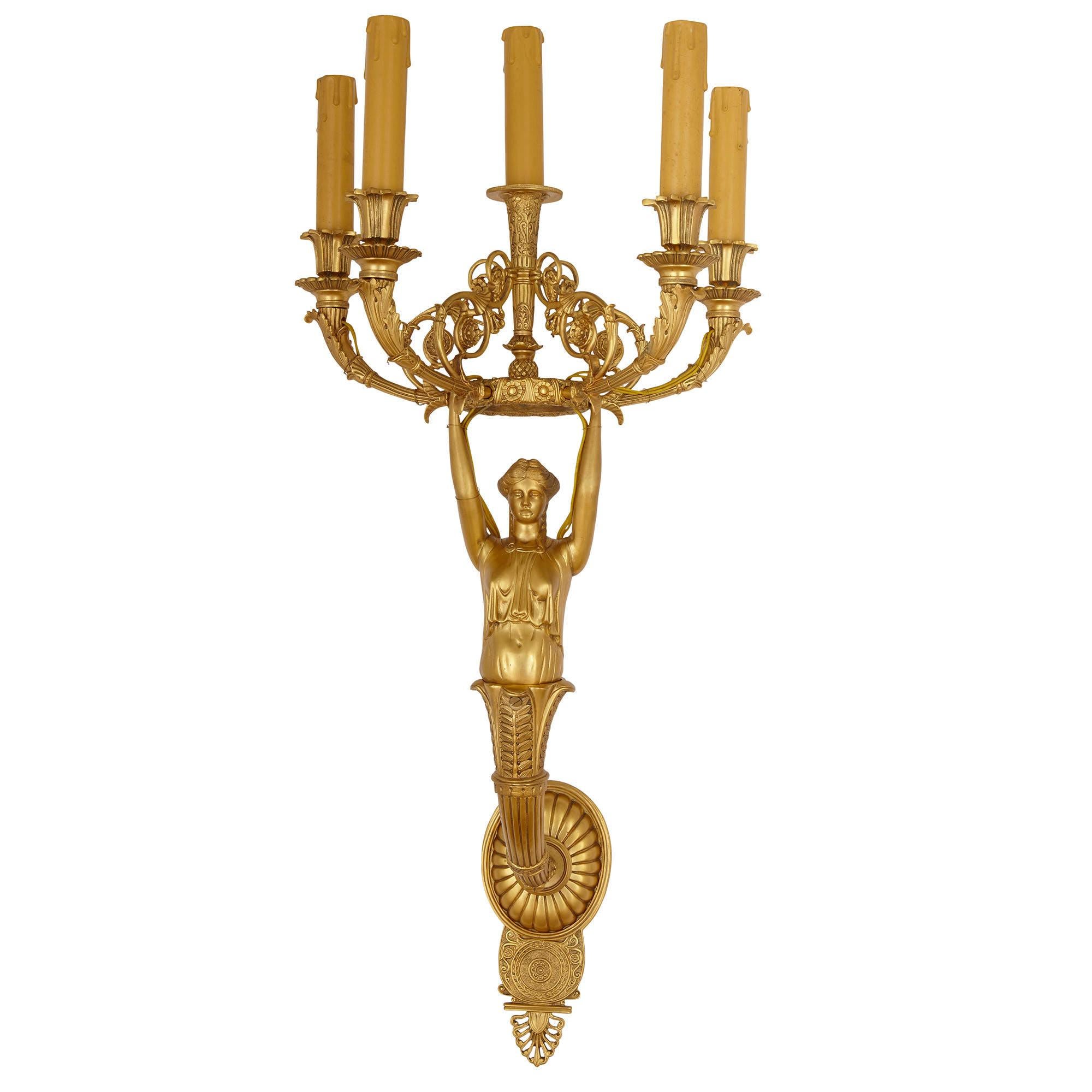 Pair of French Empire Style Gilt Bronze Sconces In Good Condition For Sale In London, GB