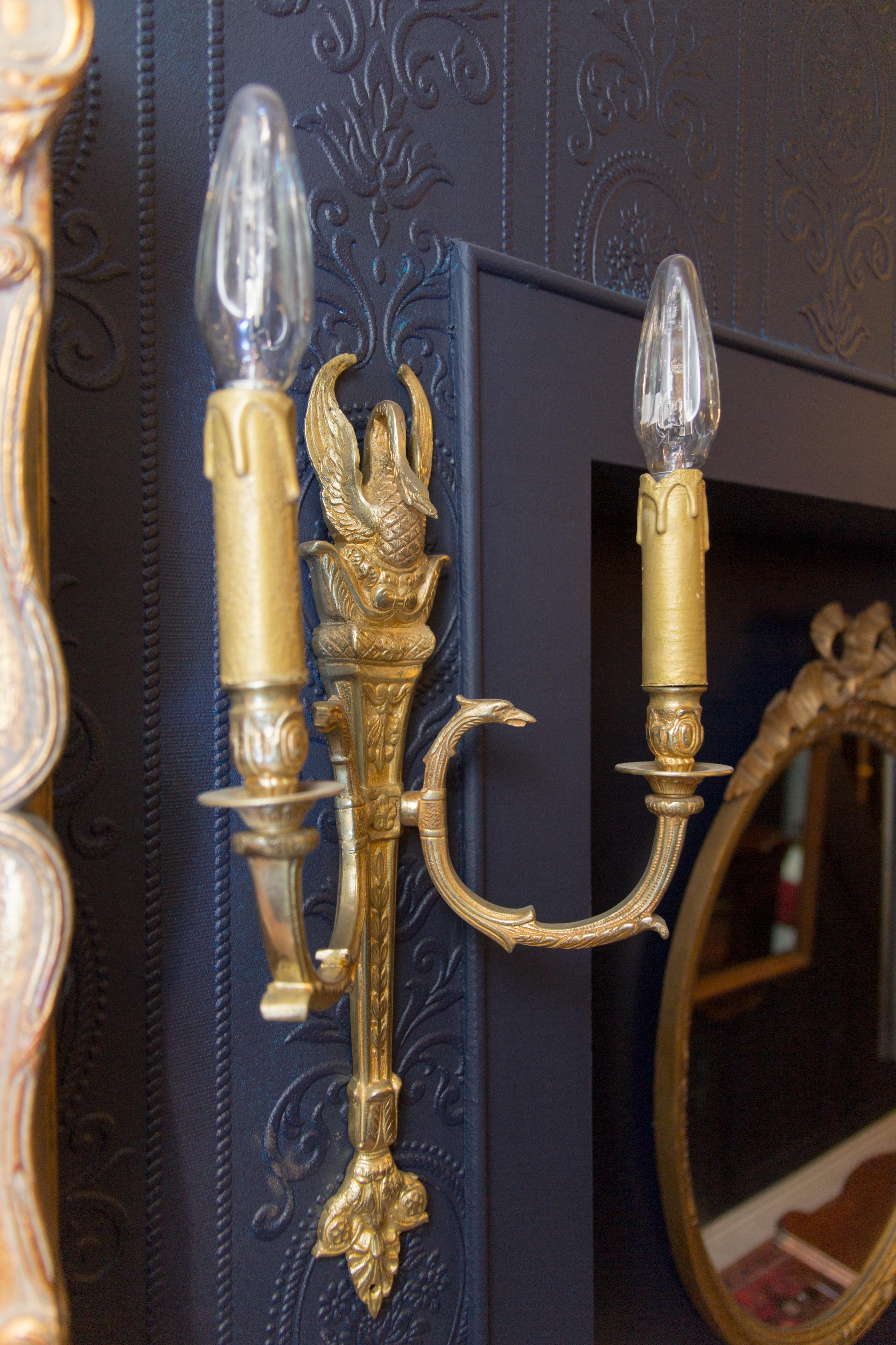 Early 20th Century Pair of French Empire Style Gilt Bronze Two-Light Sconces