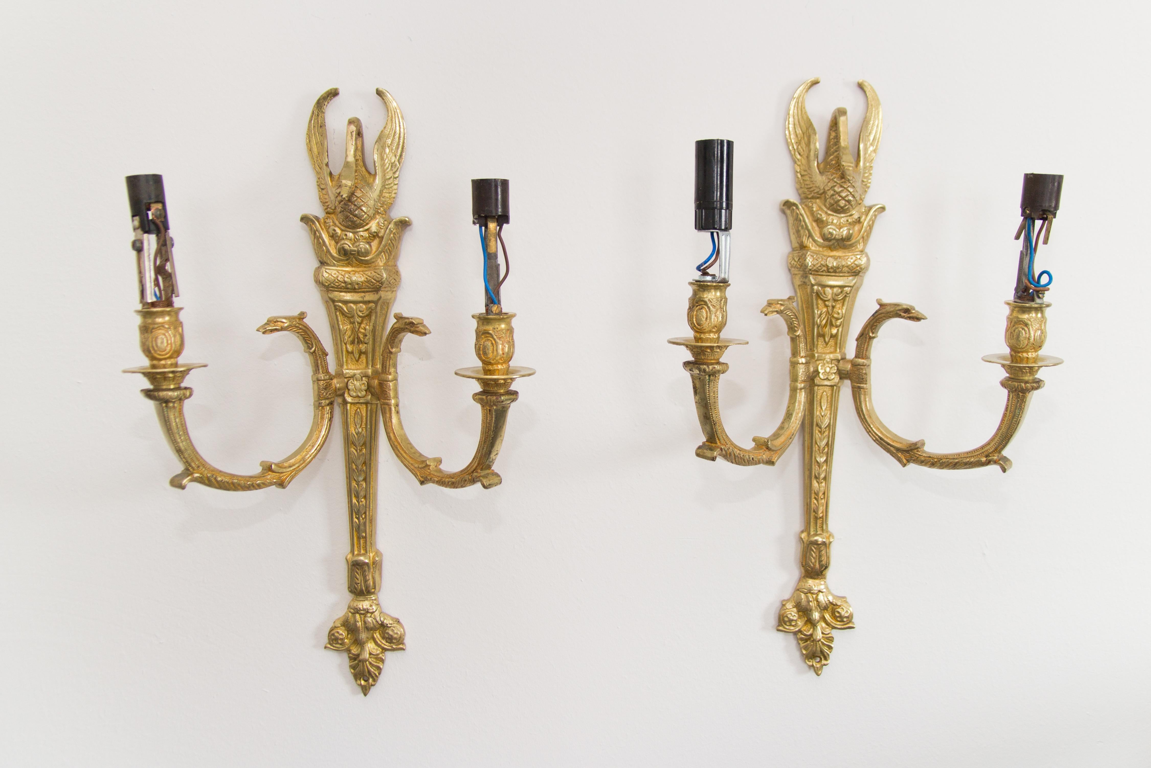 Pair of French Empire Style Gilt Bronze Two-Light Sconces 9