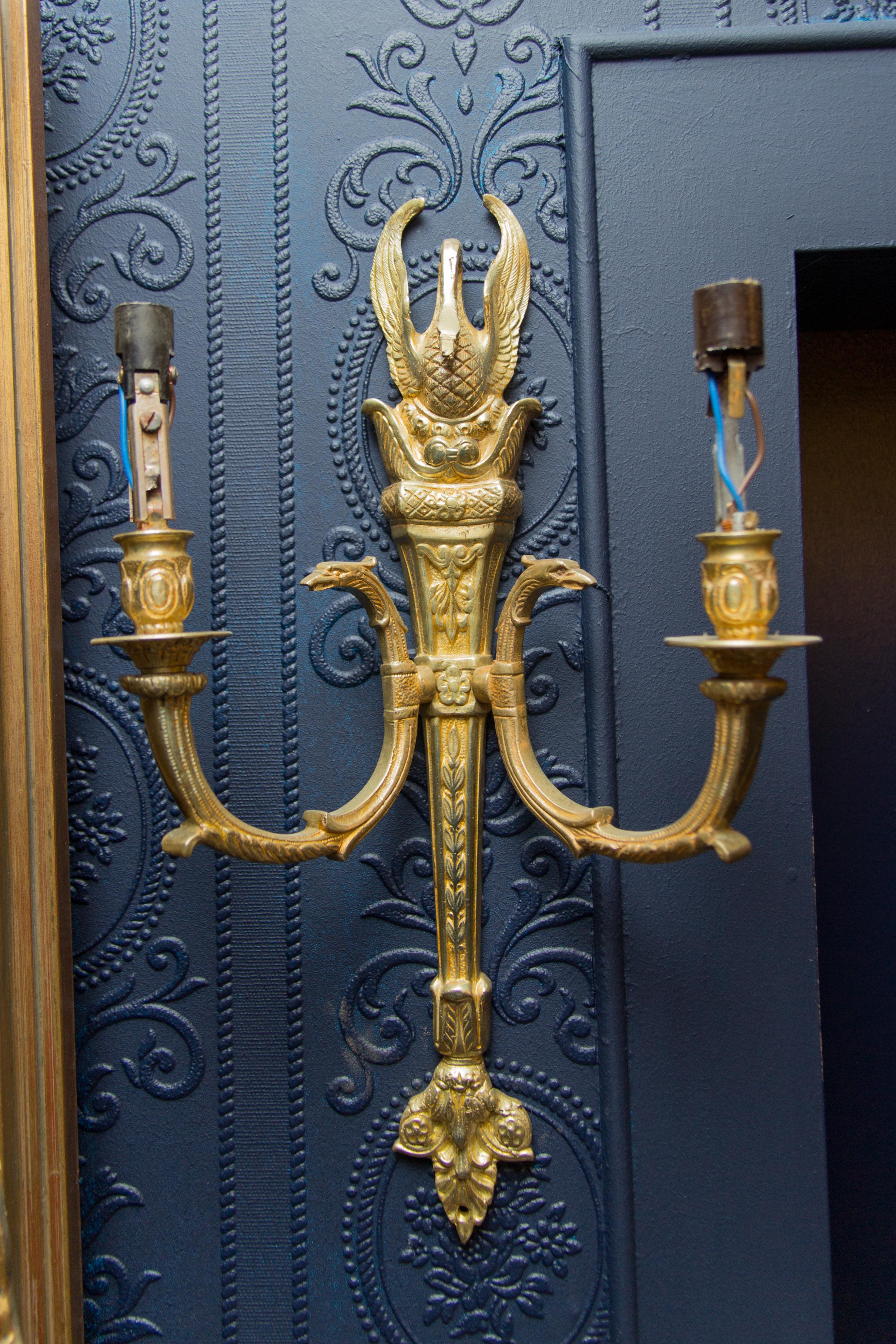 Pair of French Empire Style Gilt Bronze Two-Light Sconces 1