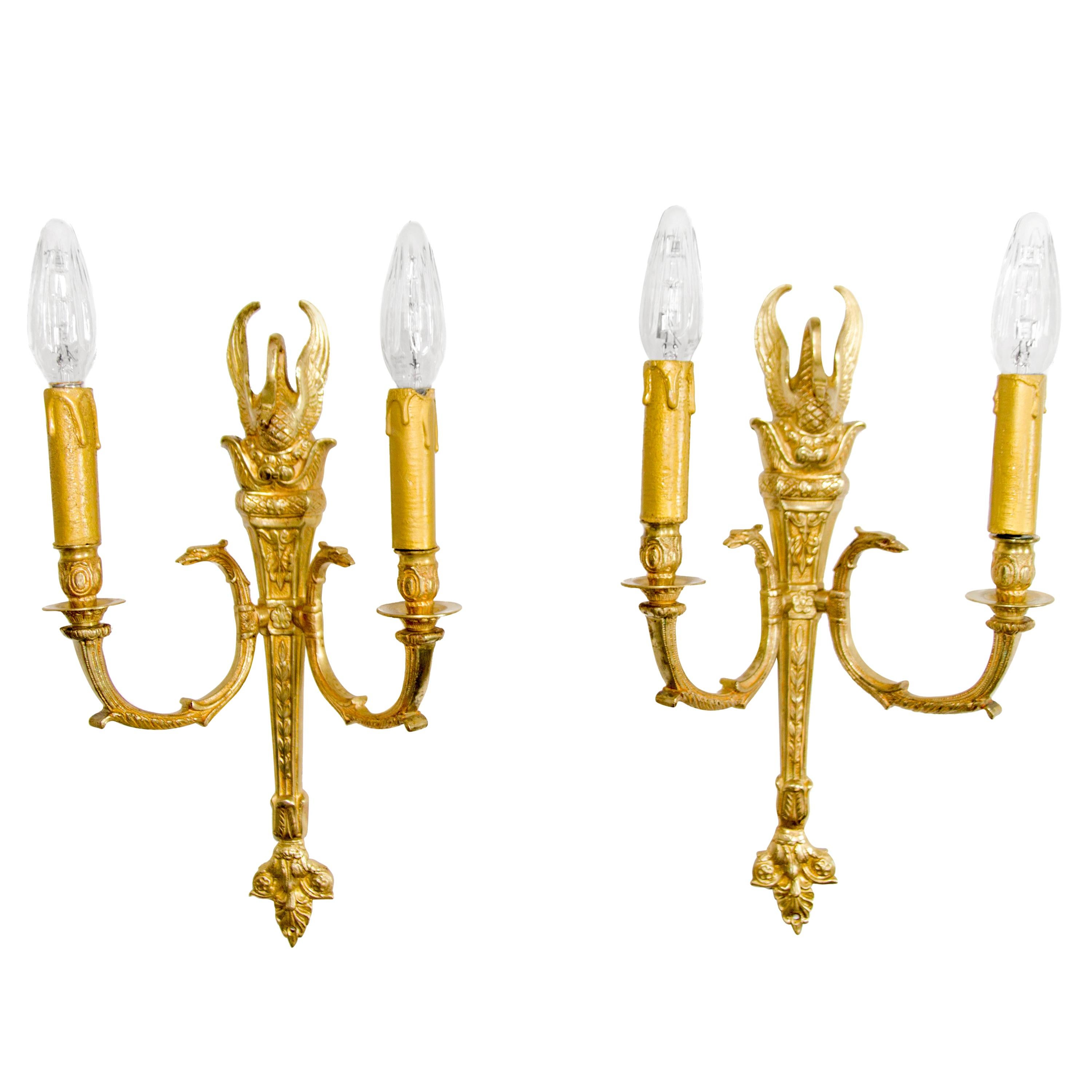 Pair of French Empire Style Gilt Bronze Two-Light Sconces