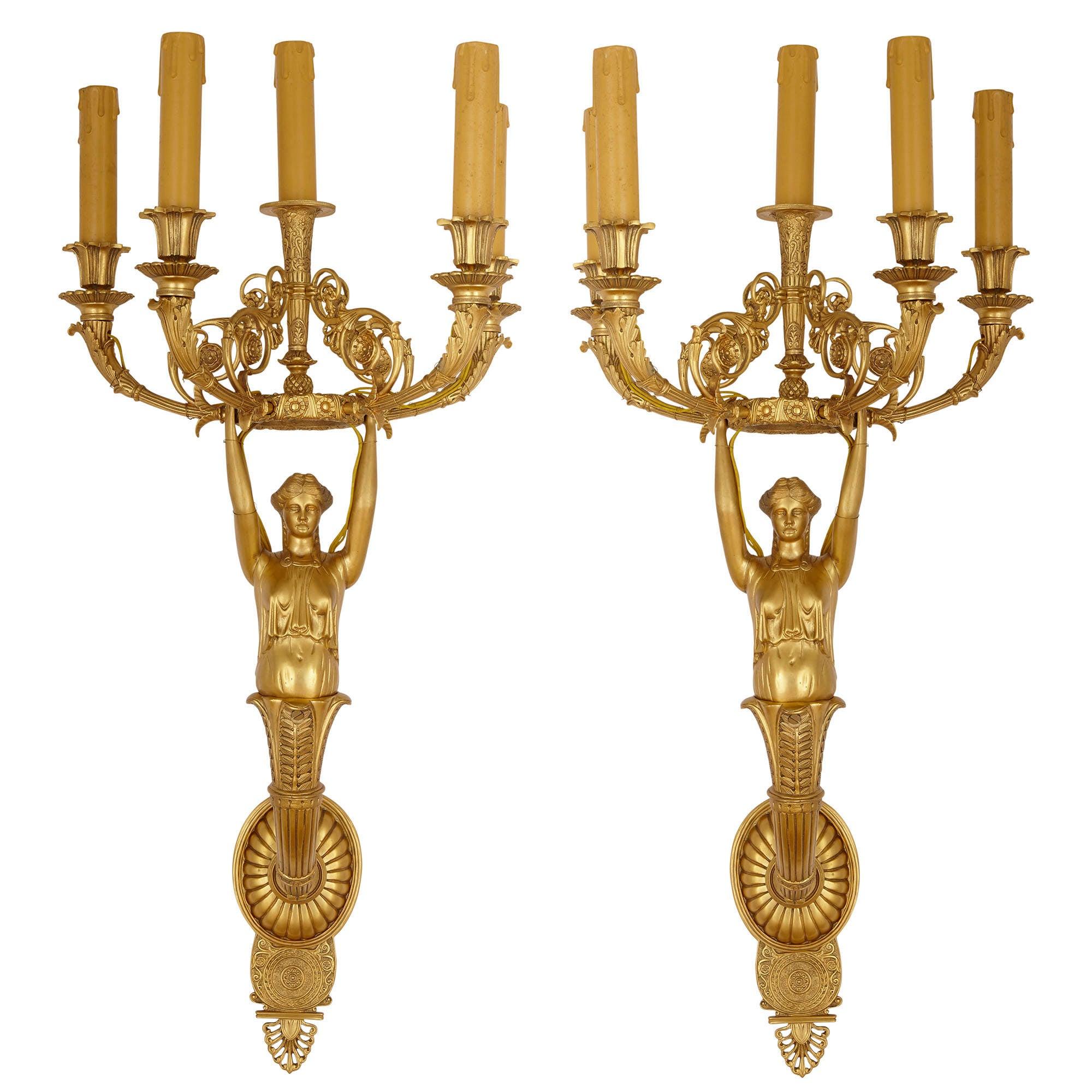 Pair of French Empire Style Gilt Bronze Sconces For Sale