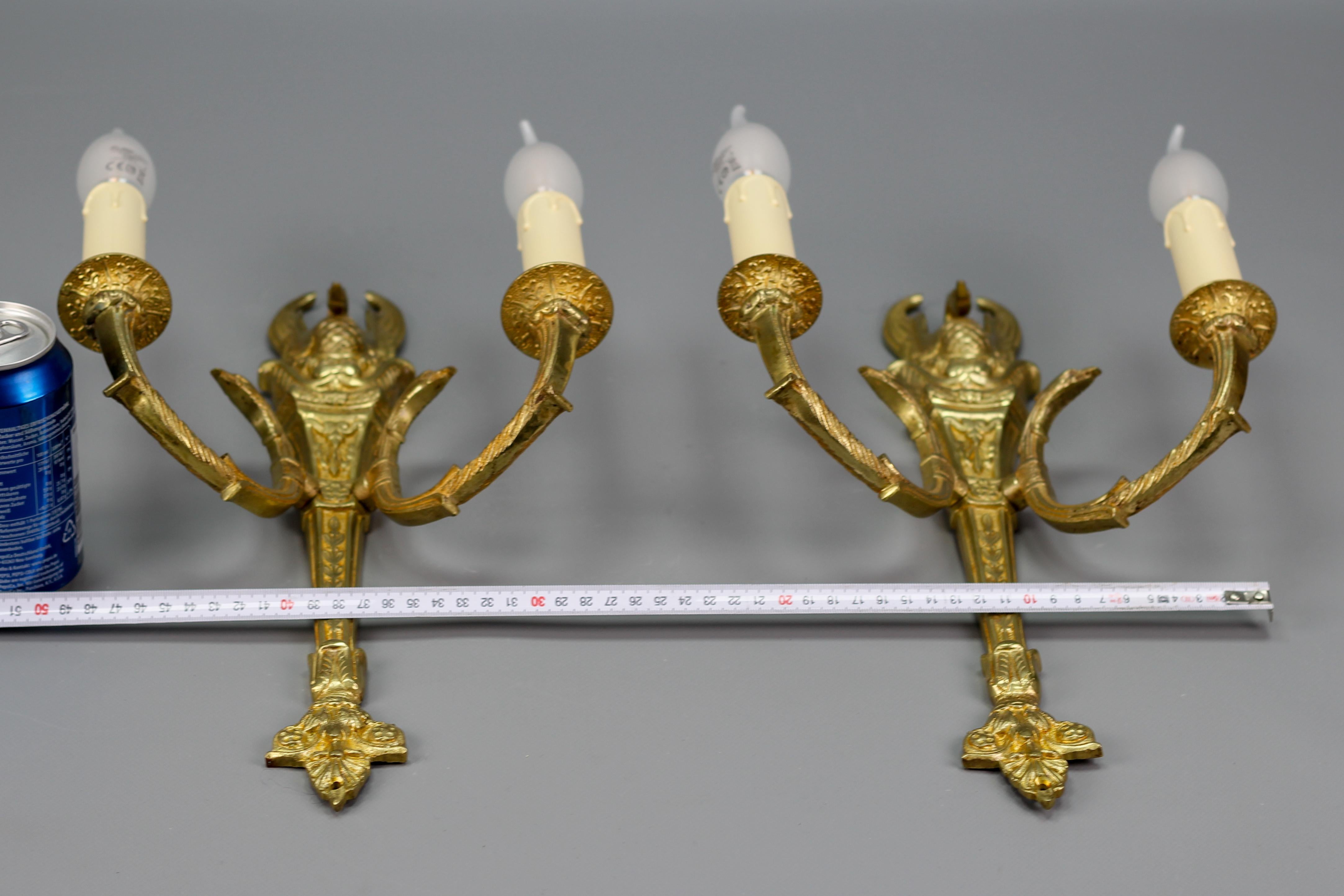 Pair of French Empire Style Gilt Bronze Two-Light Sconces, Early 20th Century For Sale 7