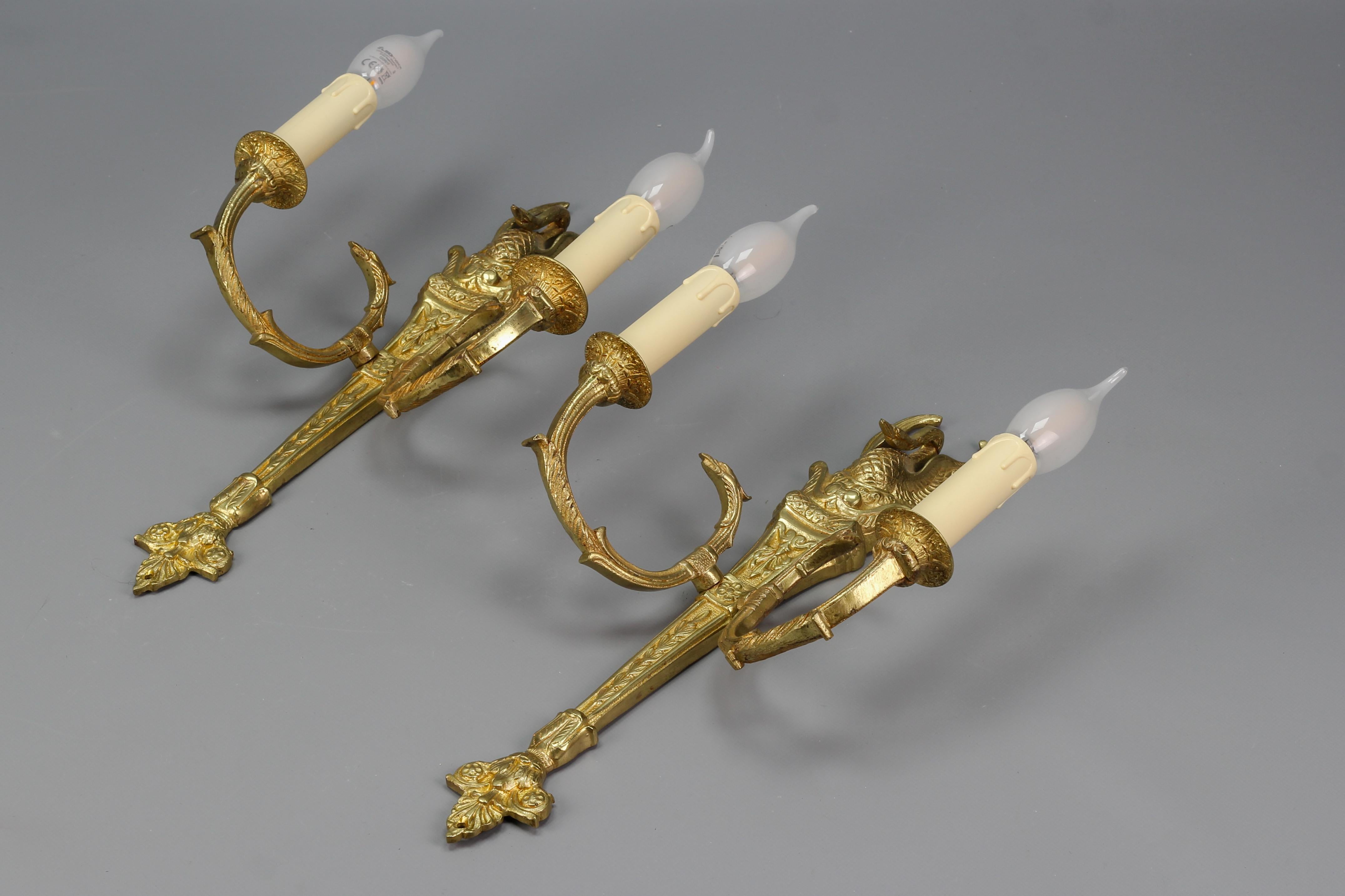 Pair of French Empire Style Gilt Bronze Two-Light Sconces, Early 20th Century For Sale 9