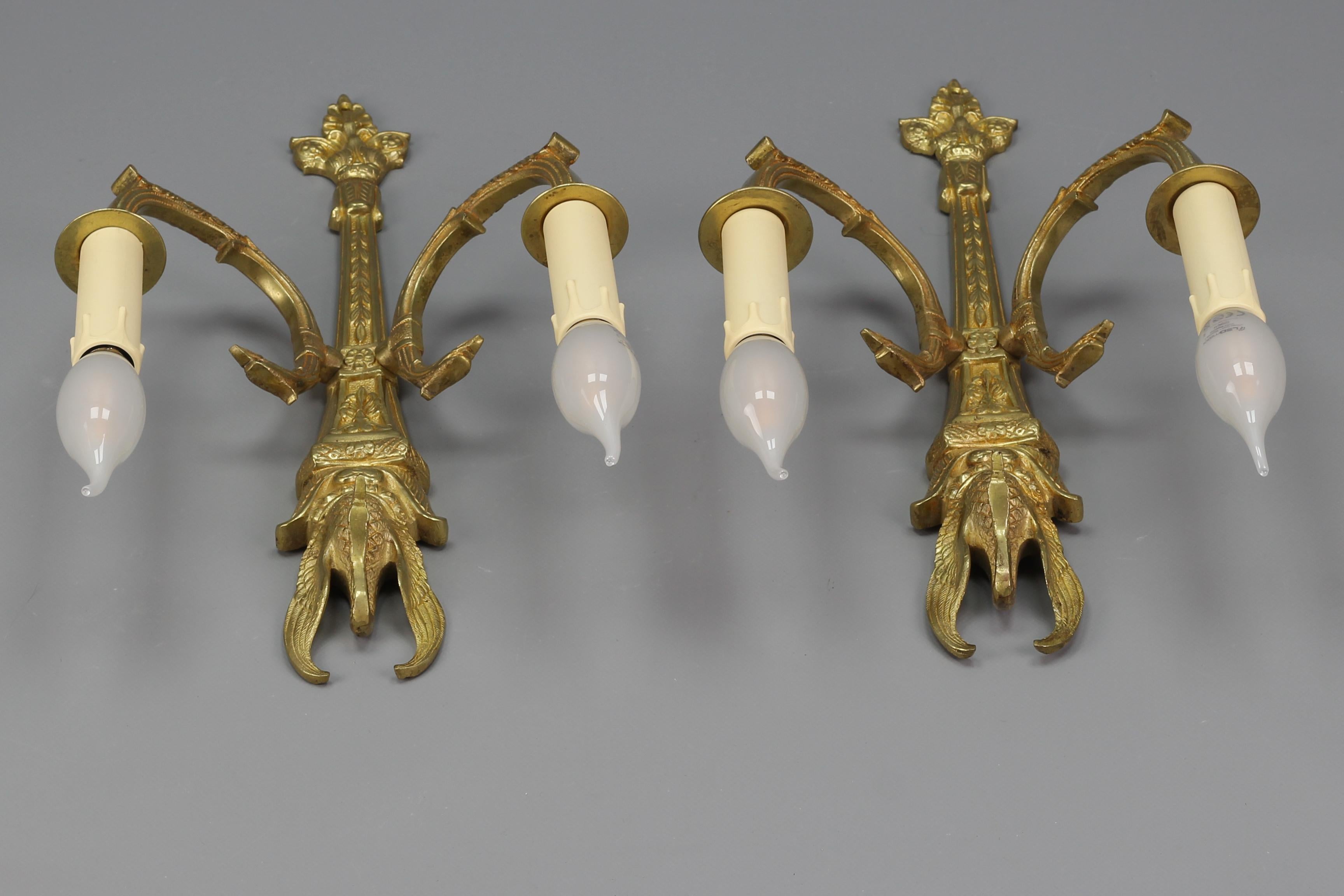 Pair of French Empire Style Gilt Bronze Two-Light Sconces, Early 20th Century For Sale 11