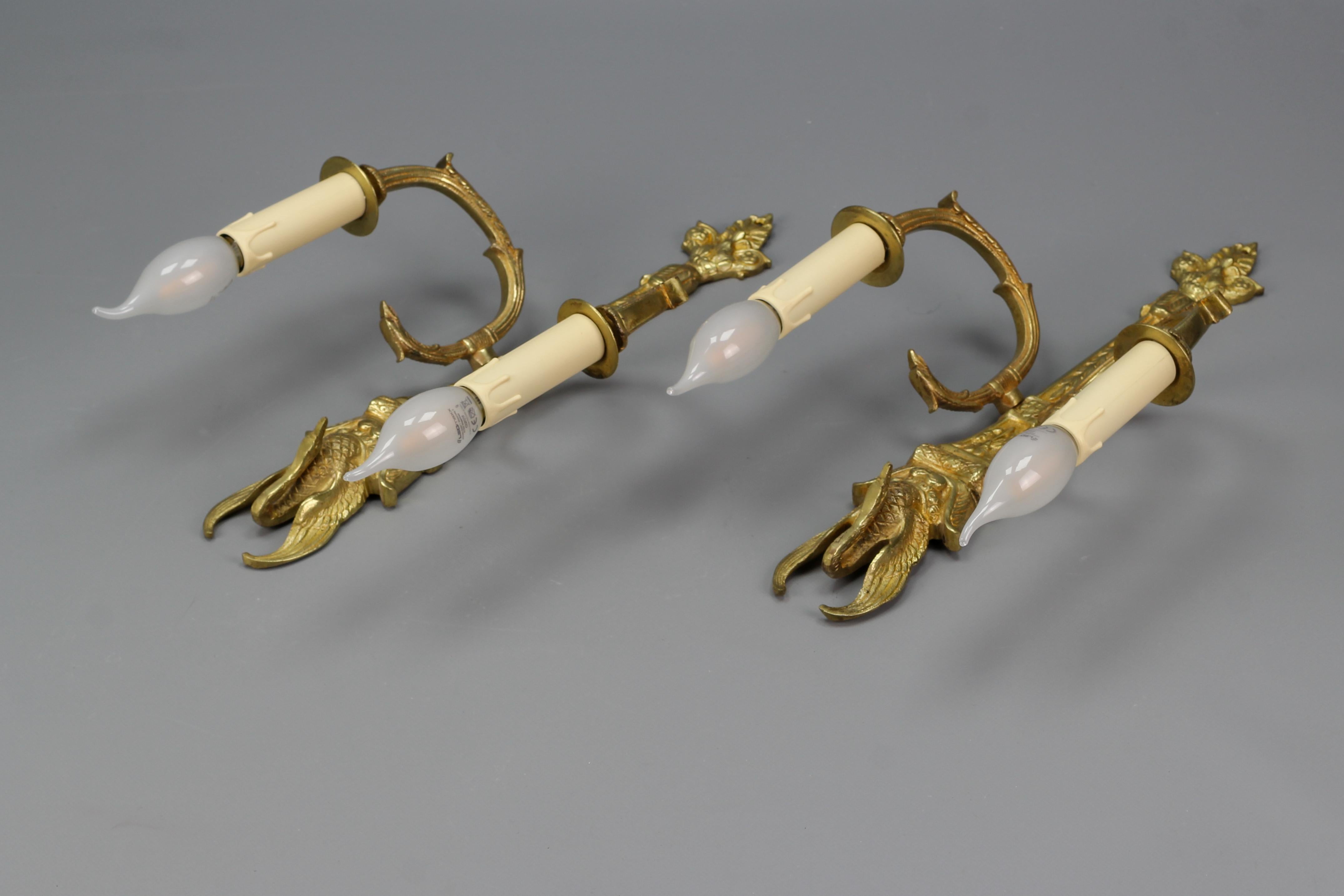 Pair of French Empire Style Gilt Bronze Two-Light Sconces, Early 20th Century For Sale 12
