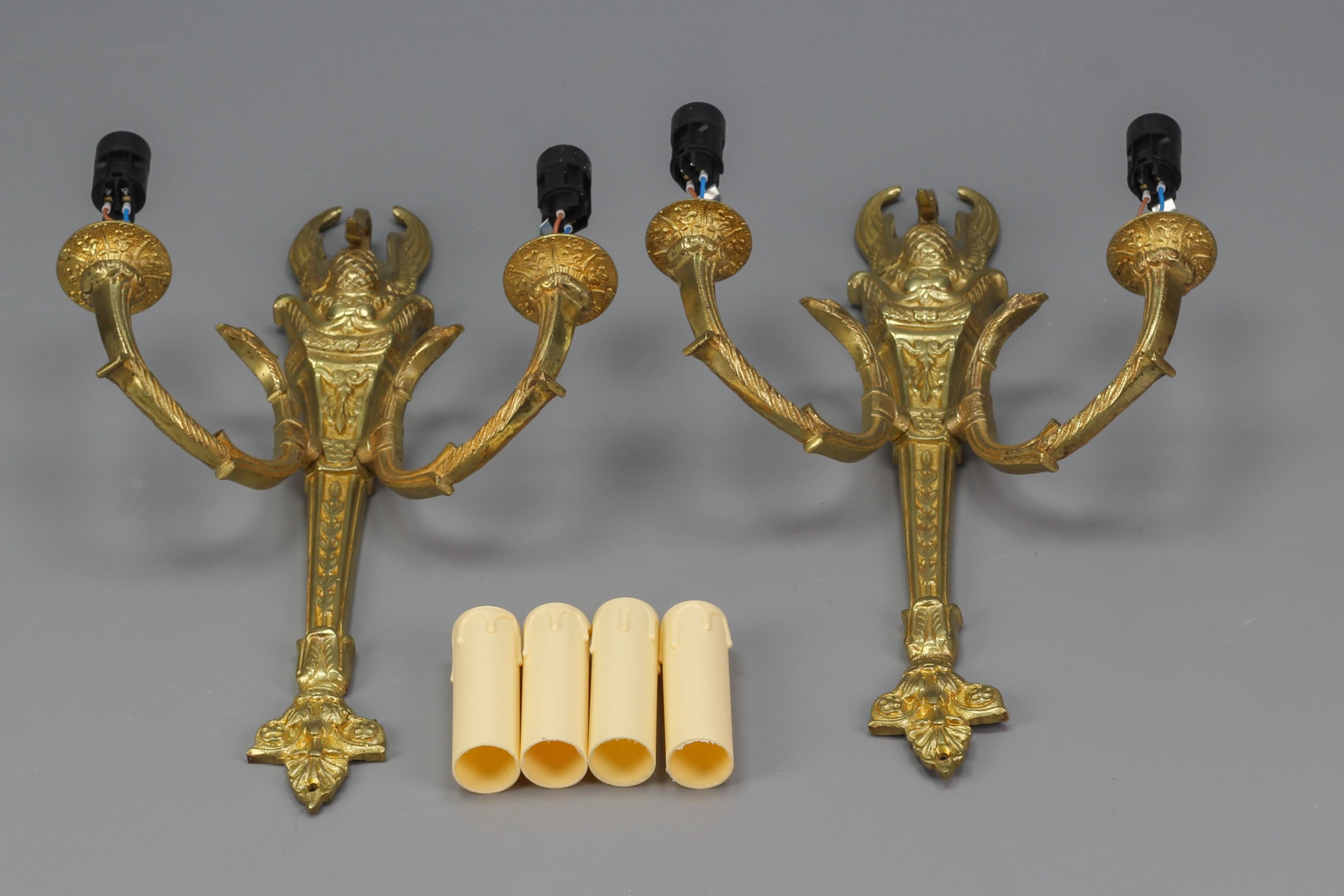 Pair of French Empire Style Gilt Bronze Two-Light Sconces, Early 20th Century For Sale 14