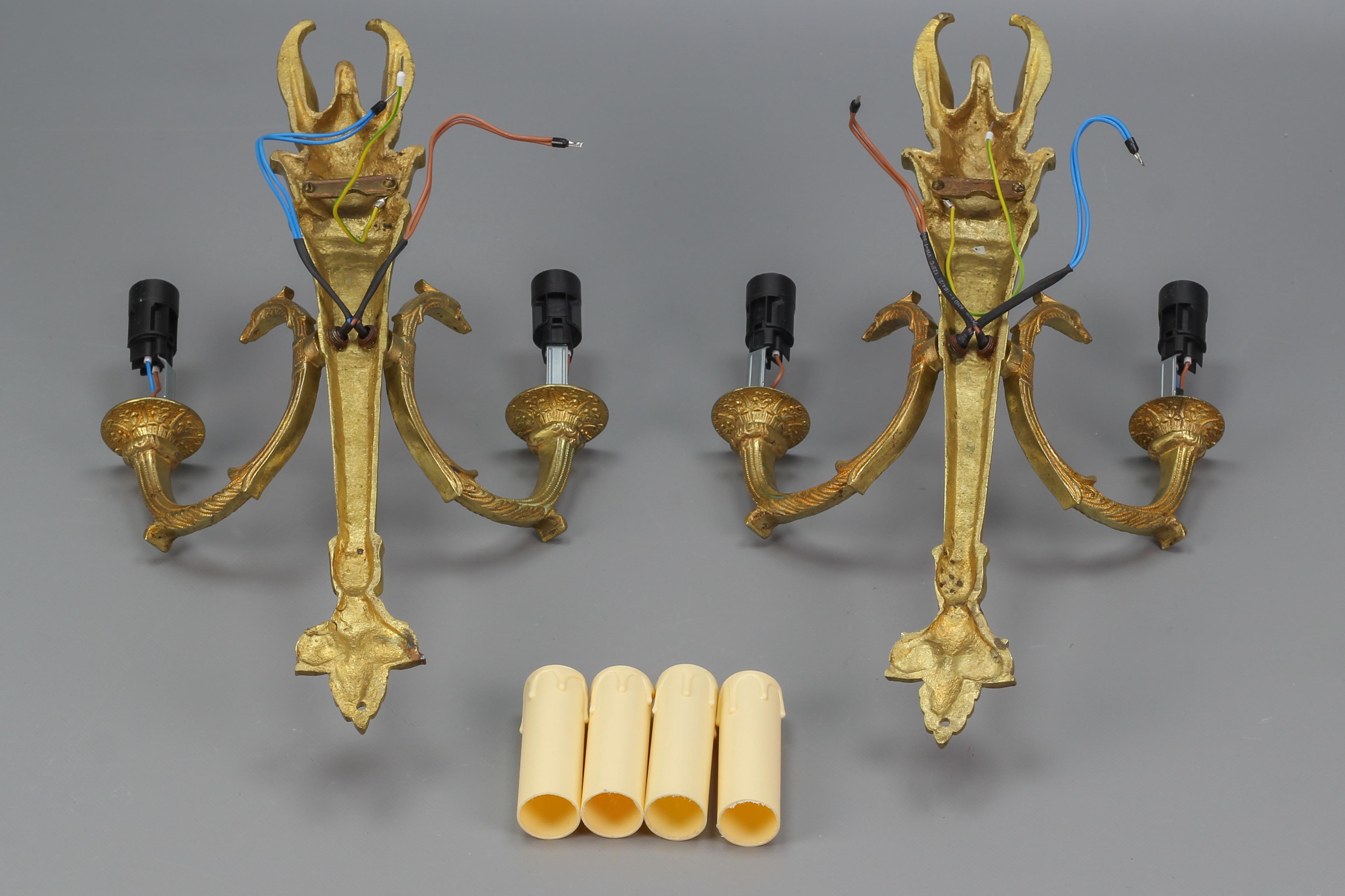 Pair of French Empire Style Gilt Bronze Two-Light Sconces, Early 20th Century For Sale 15