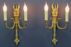 Pair of French Empire Style Gilt Bronze Two-Light Sconces, Early 20th Century