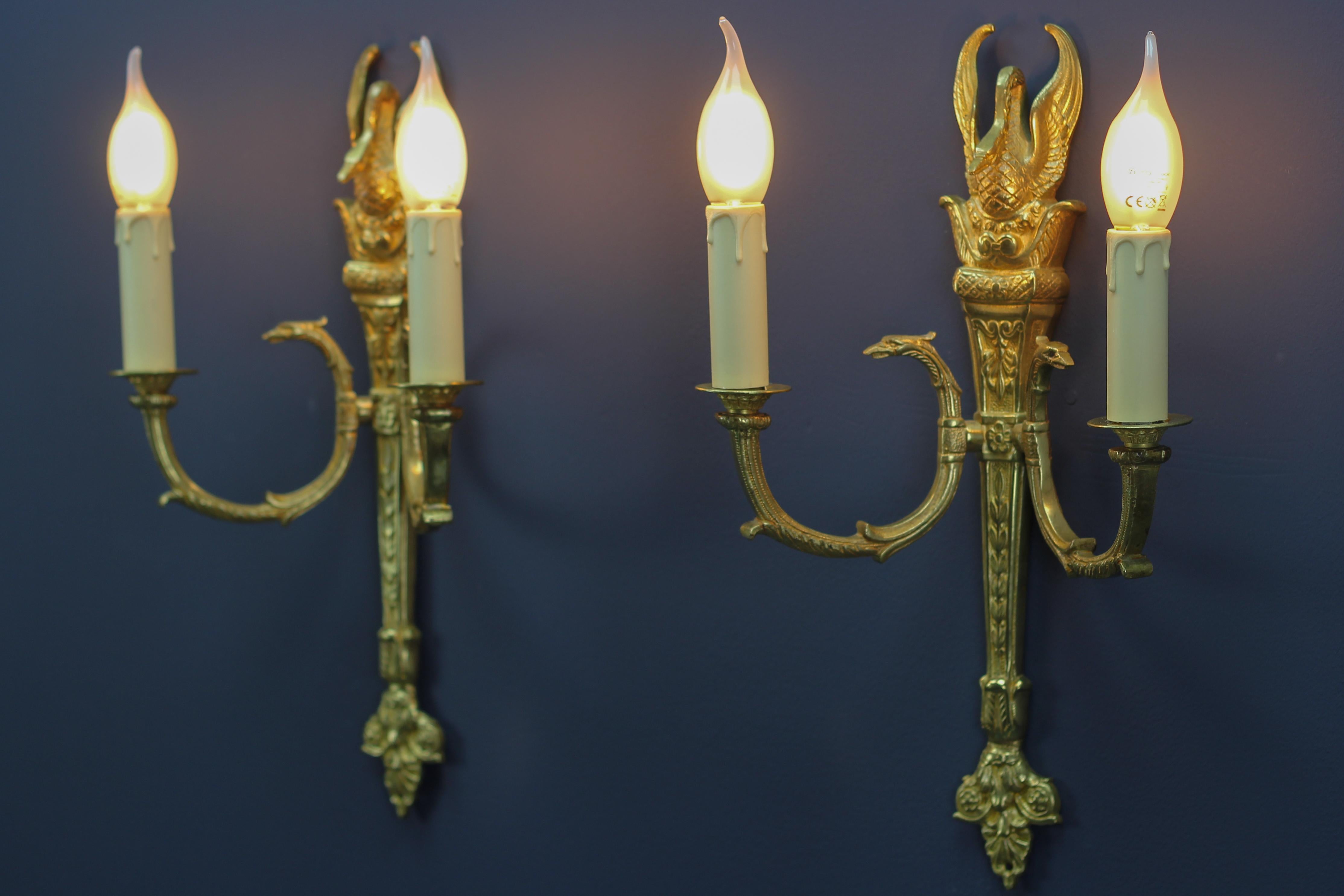 Pair of French Empire Style Gilt Bronze Two-Light Sconces, Early 20th Century In Good Condition For Sale In Barntrup, DE