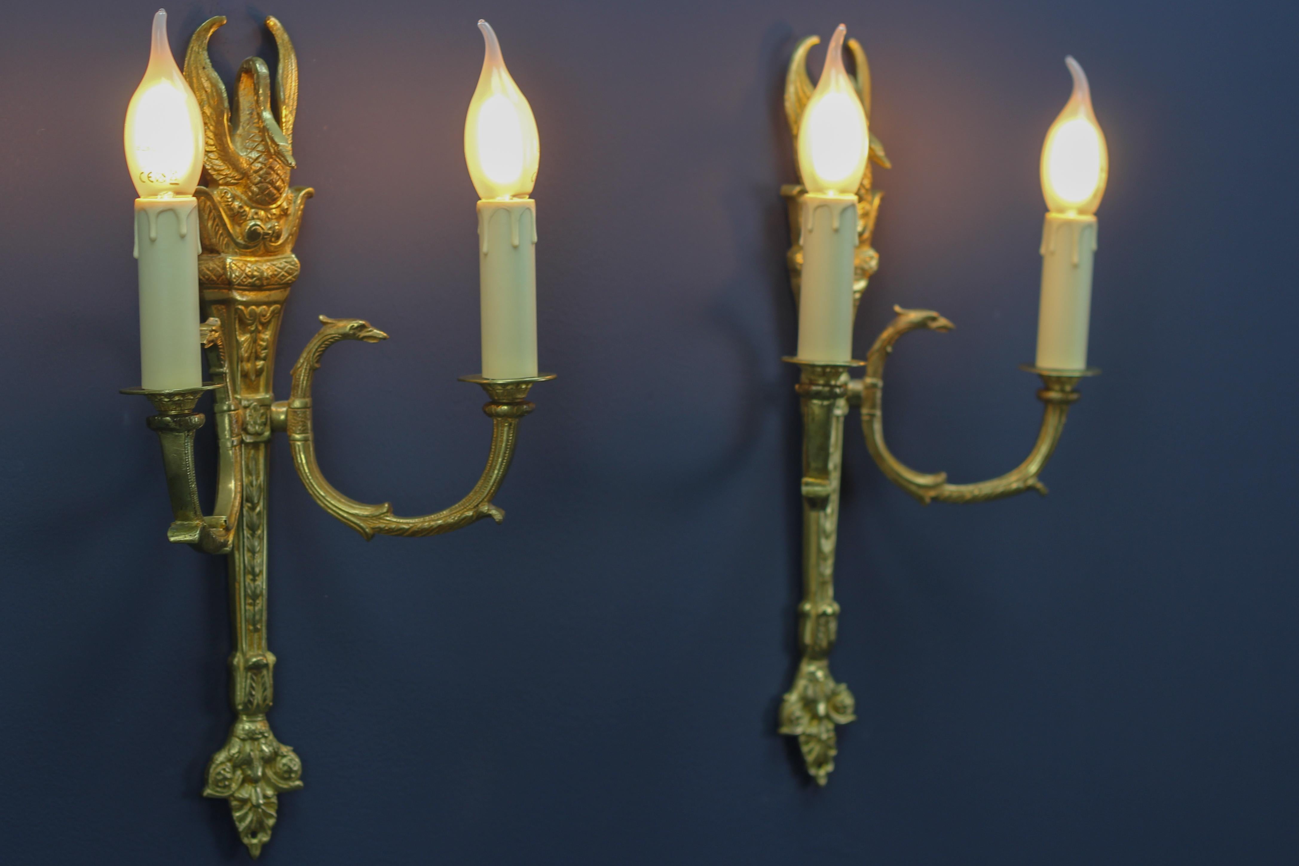 Pair of French Empire Style Gilt Bronze Two-Light Sconces, Early 20th Century For Sale 1