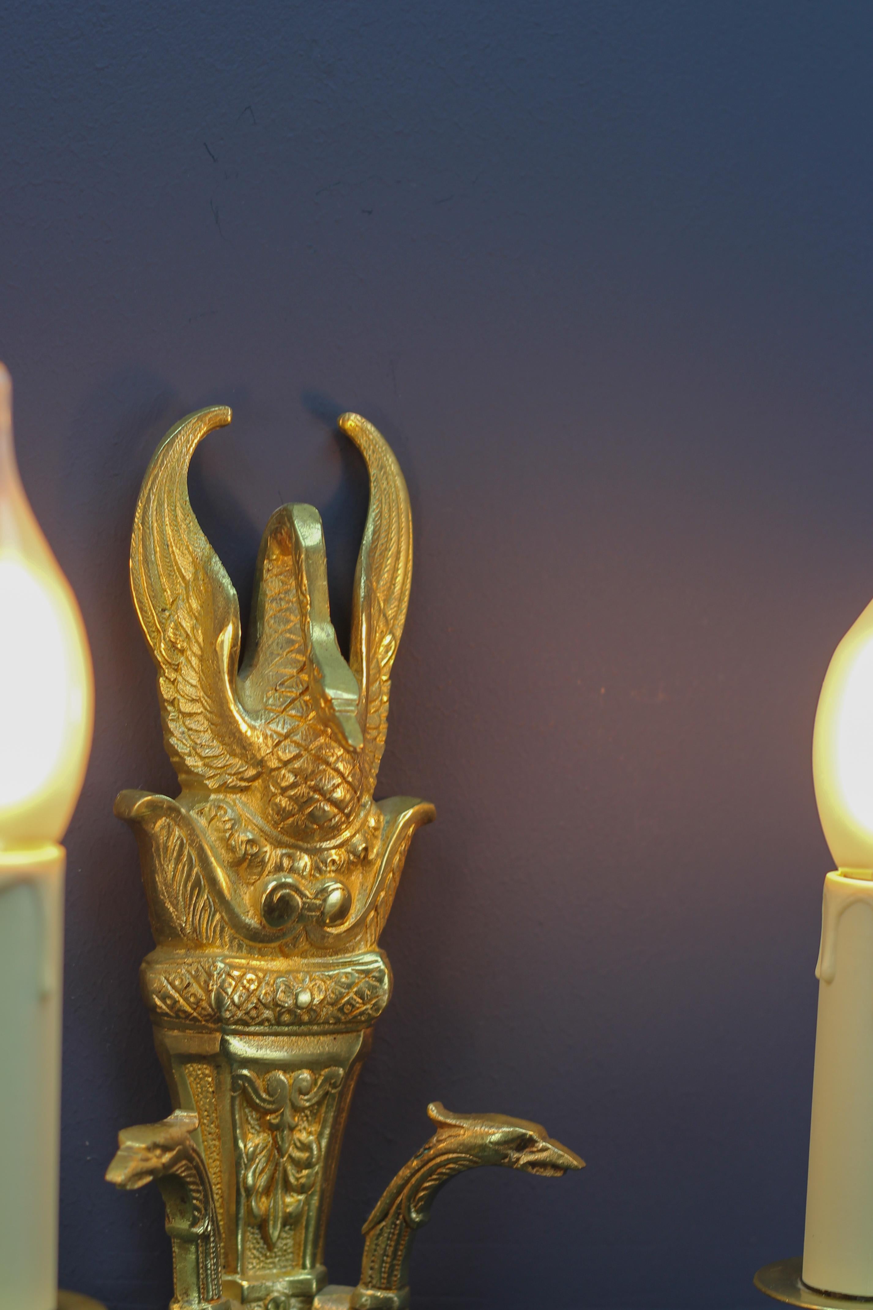 Pair of French Empire Style Gilt Bronze Two-Light Sconces, Early 20th Century For Sale 2