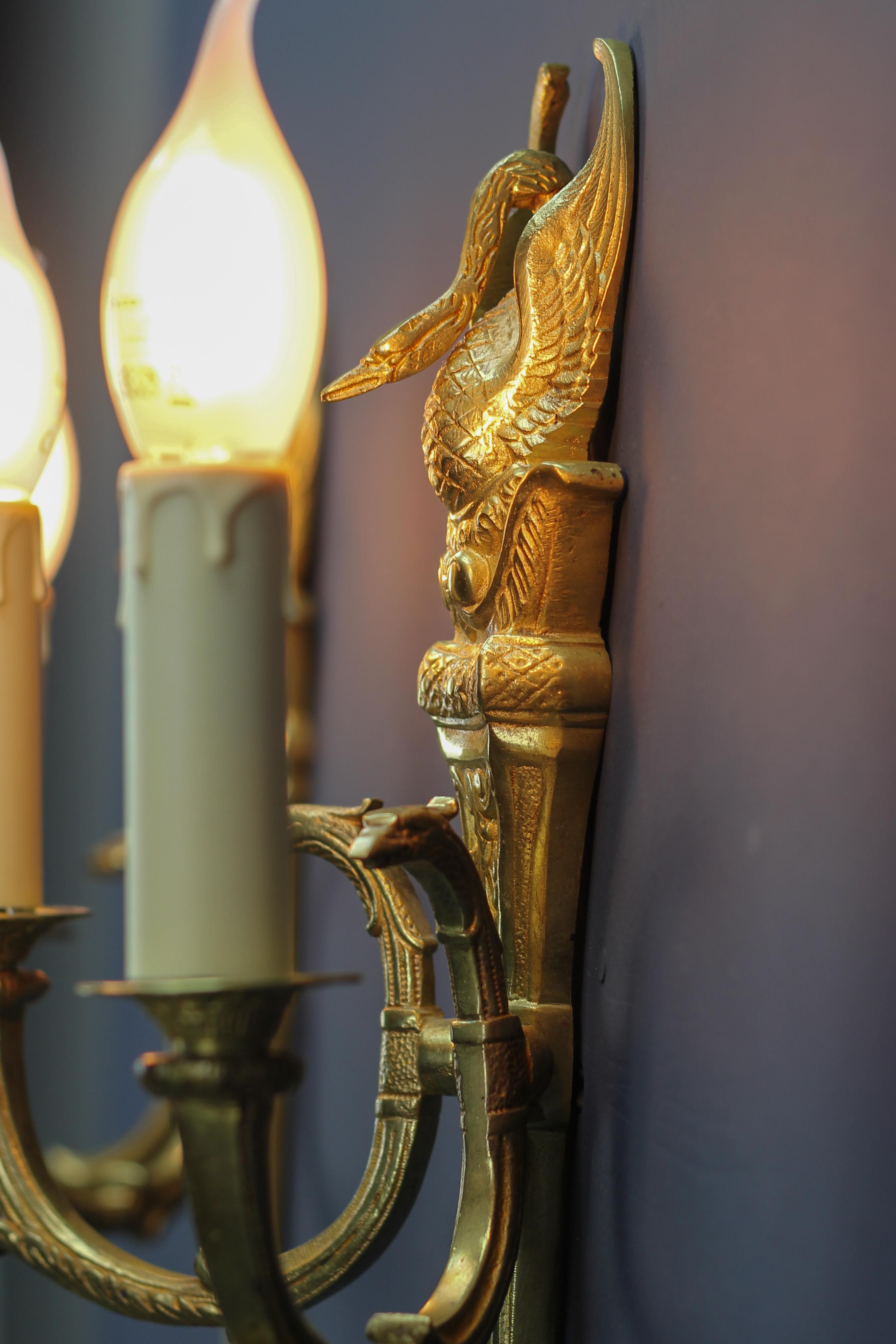 Pair of French Empire Style Gilt Bronze Two-Light Sconces, Early 20th Century For Sale 3