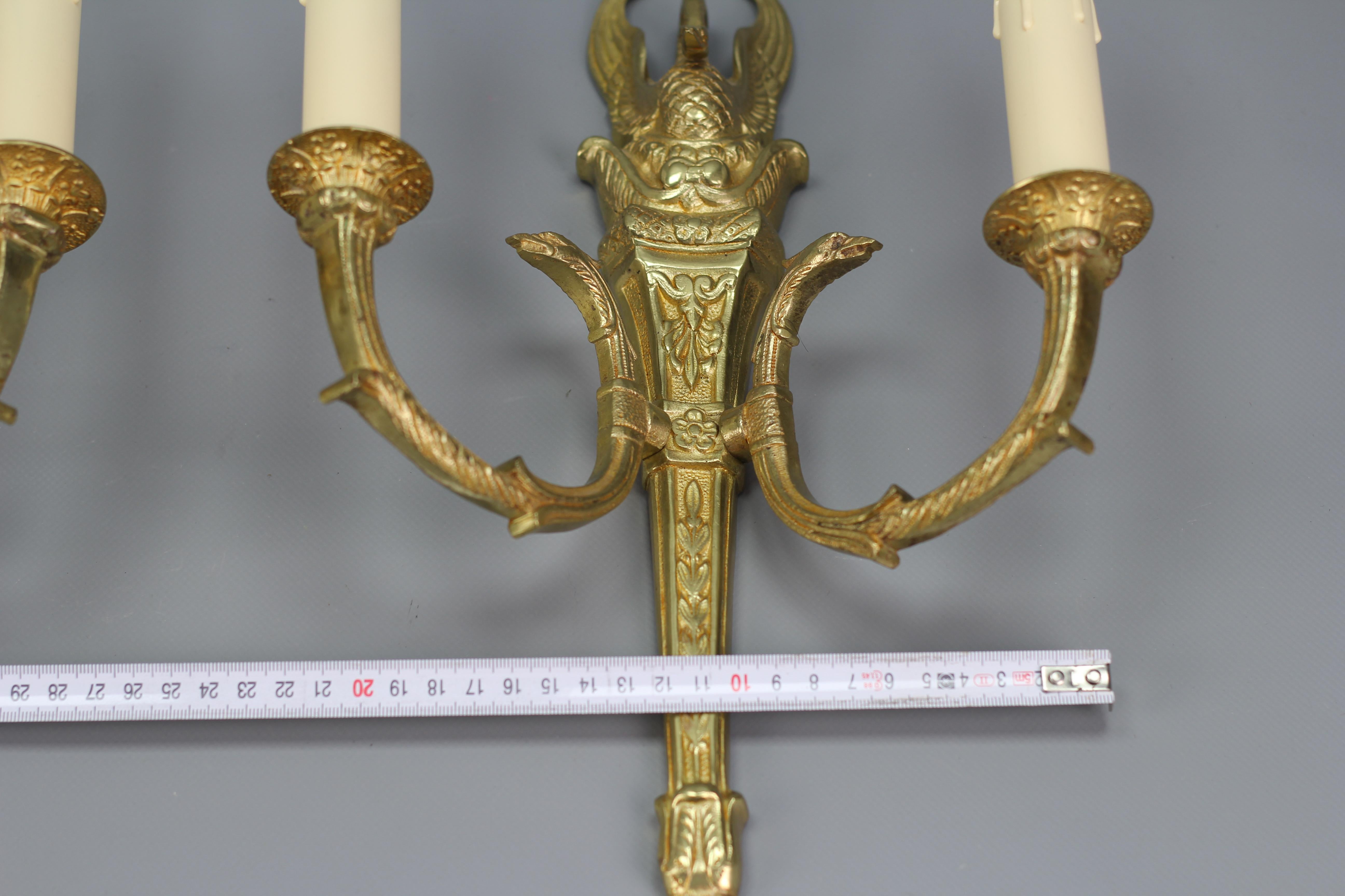 Pair of French Empire Style Gilt Bronze Two-Light Sconces, Early 20th Century For Sale 5