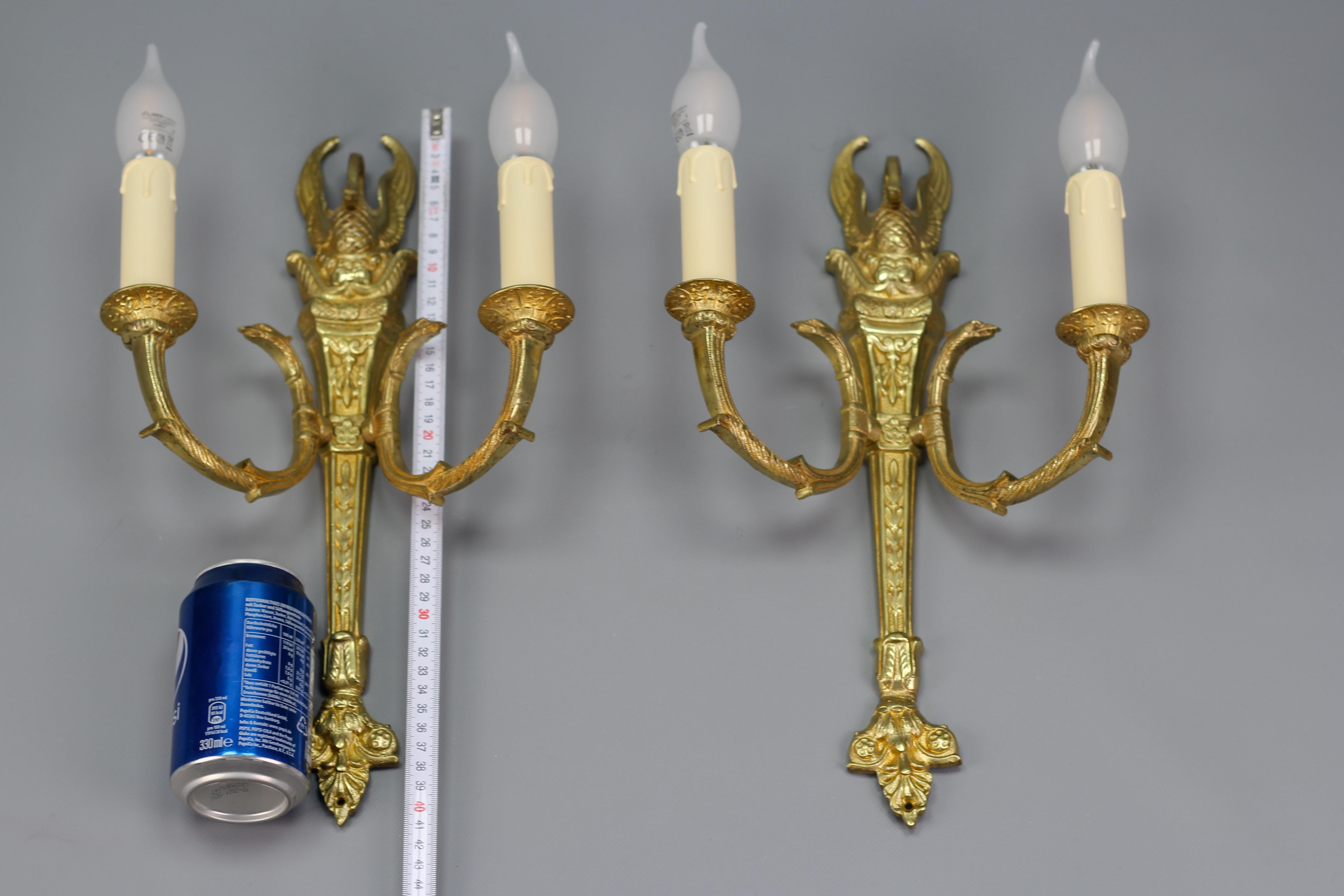 Pair of French Empire Style Gilt Bronze Two-Light Sconces, Early 20th Century For Sale 6