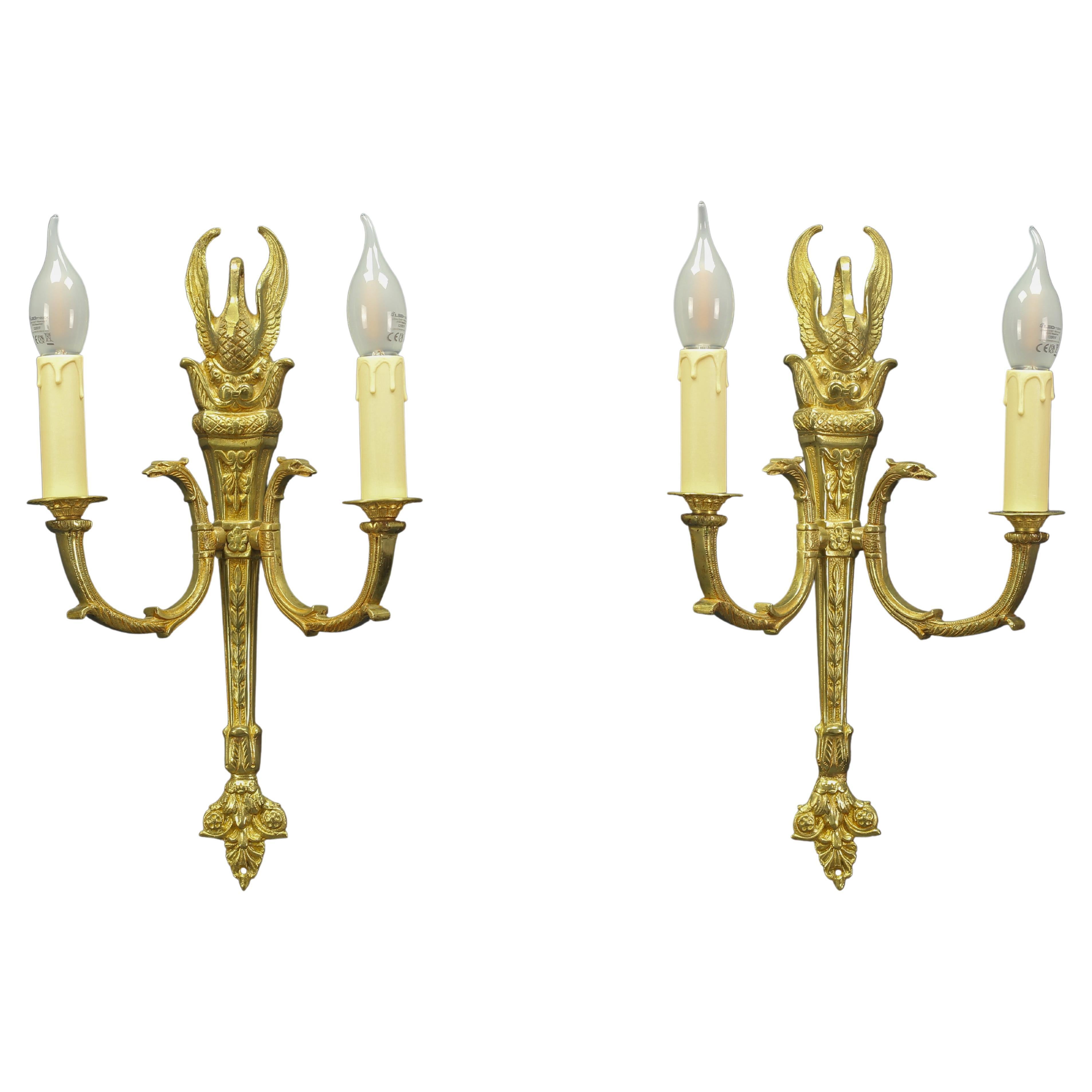Pair of French Empire Style Gilt Bronze Two-Light Sconces, Early 20th Century For Sale