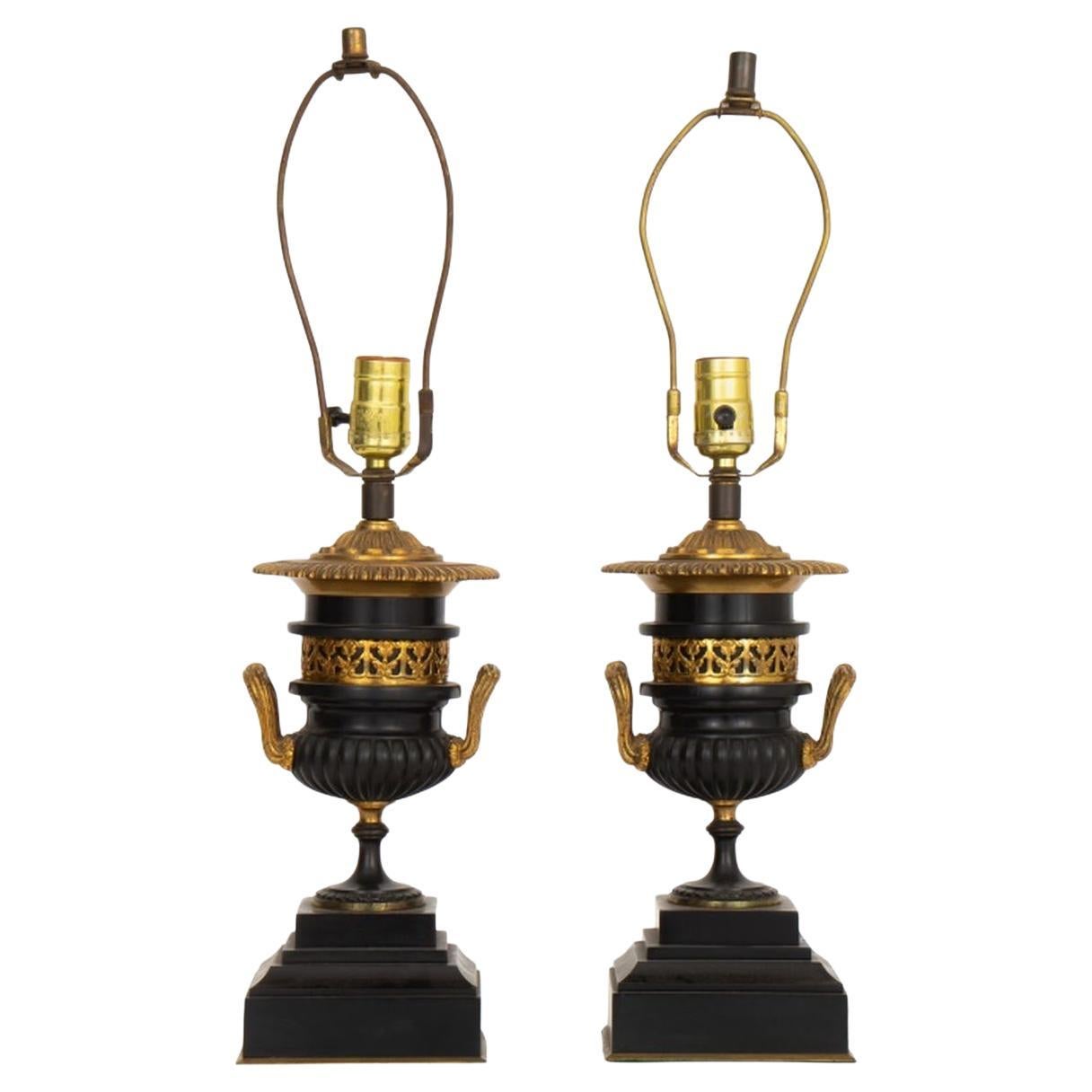 Pair of French Empire Style Gilt Metal Ebonized Lamps