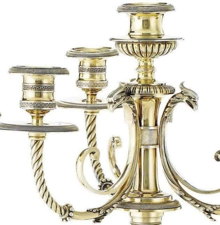 20th Century Pair of French Empire Style Gilt Metal Four-Light Candelabras For Sale