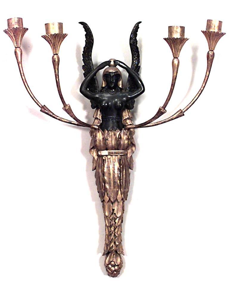 Pair of French Empire-style (19th Century) giltwood and black lacquer wall sconces with four arms and figural winged ladies (PRICED AS Pair)
