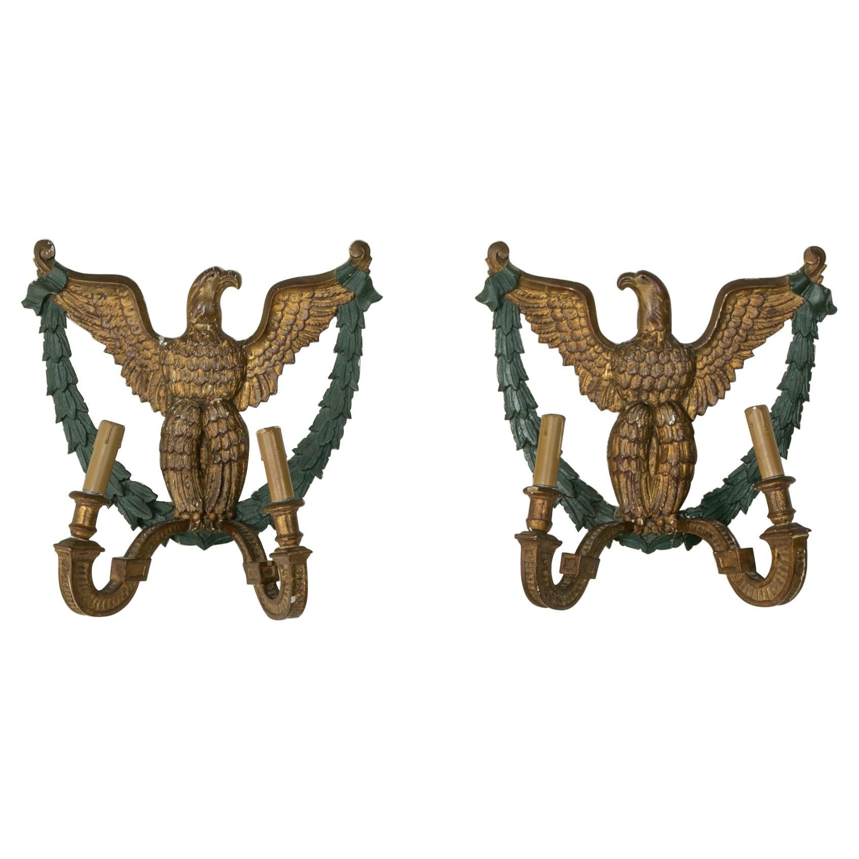 Pair of French Empire Style Gilt Wood Sconces with Eagles, Circa 1900 For Sale