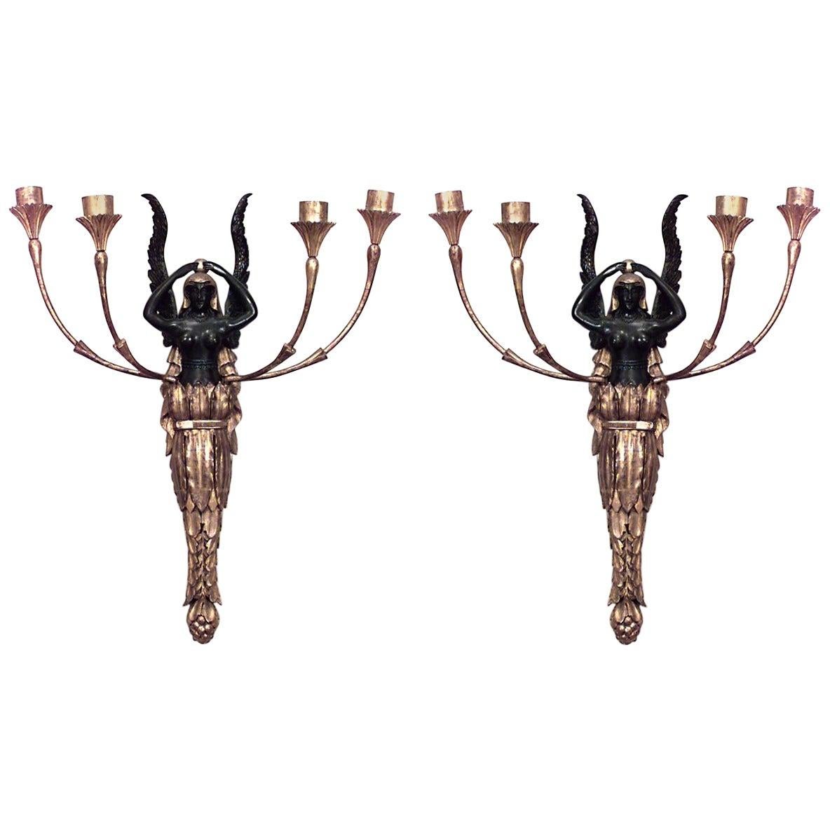 19th Century Pair of French Empire Gilt Wood and Lacquer Wall Sconces For Sale