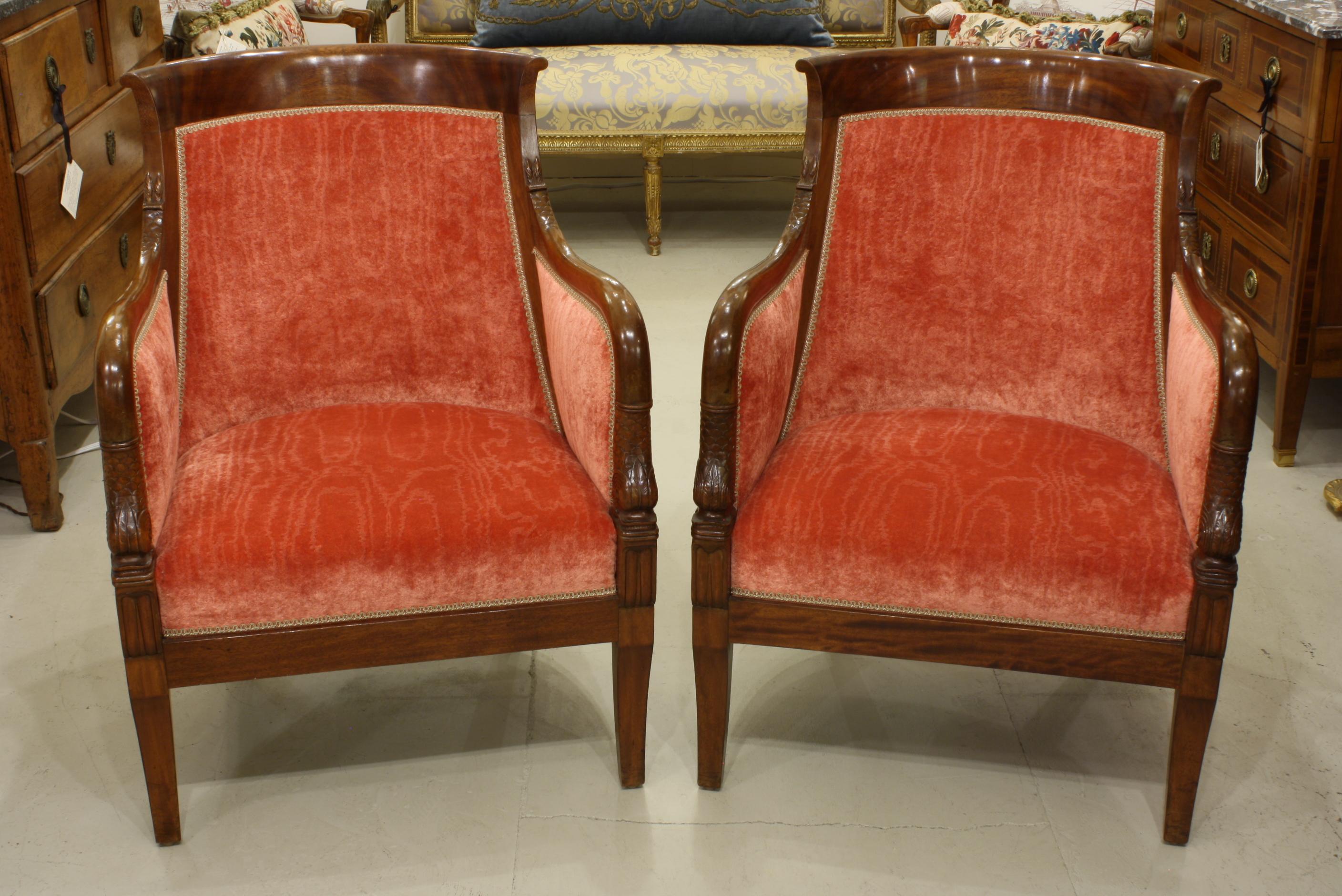 Pair of French Empire Style Mahogany Bergere Armchairs with Dolphins (Französisch)